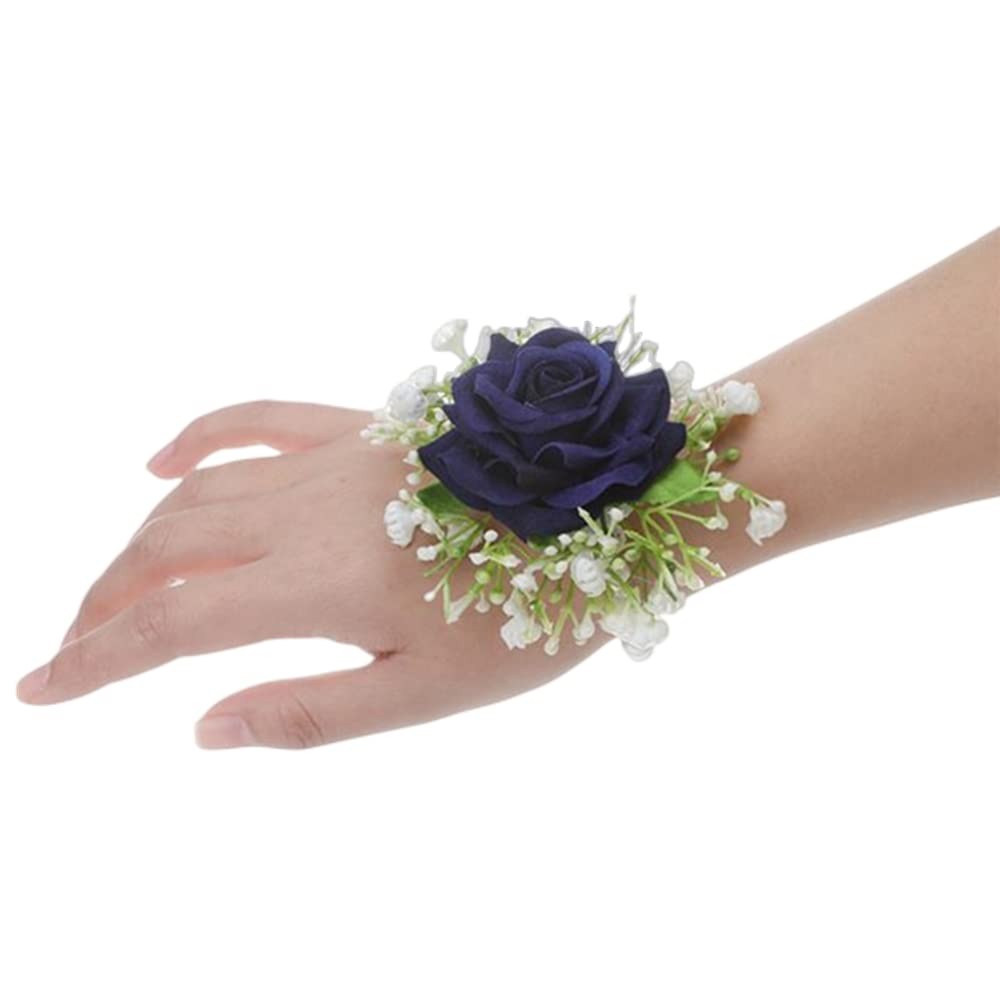 2 PCS Artificial Rose Wrist Corsage Boutonniere Set Wedding Bridal Dark Blue