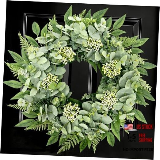 24 Inch Artificial Eucalyptus Fern Wreath, Lush All Year Round Greenery for