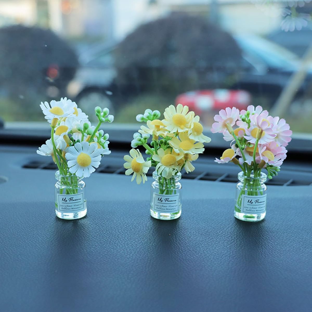 Set of 3 Mini Daisy Flowers in Glass Vase Cute Car Accessories for Rear View