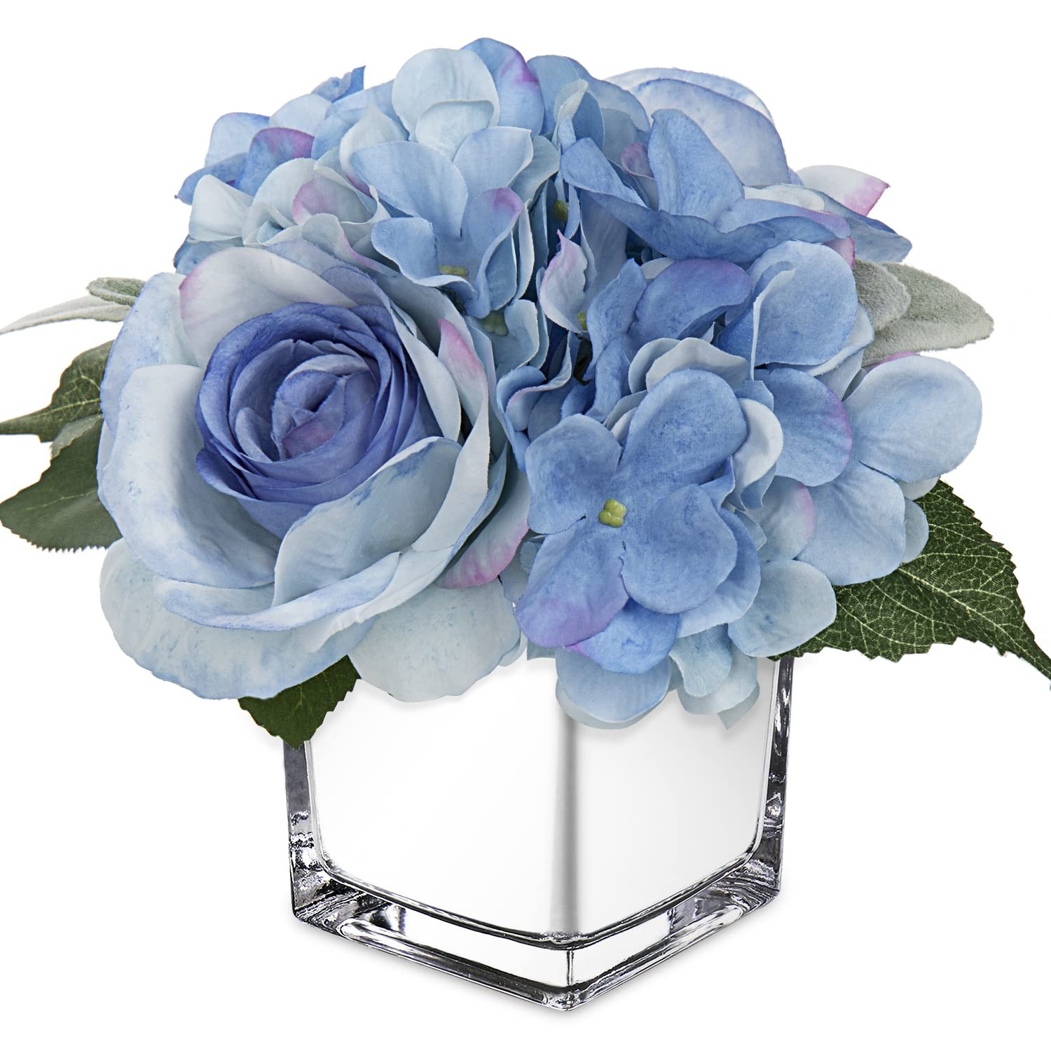 Artificial Flowers in Vase Fake Silk Hydrangea Rose Flower Arrangement Faux P…