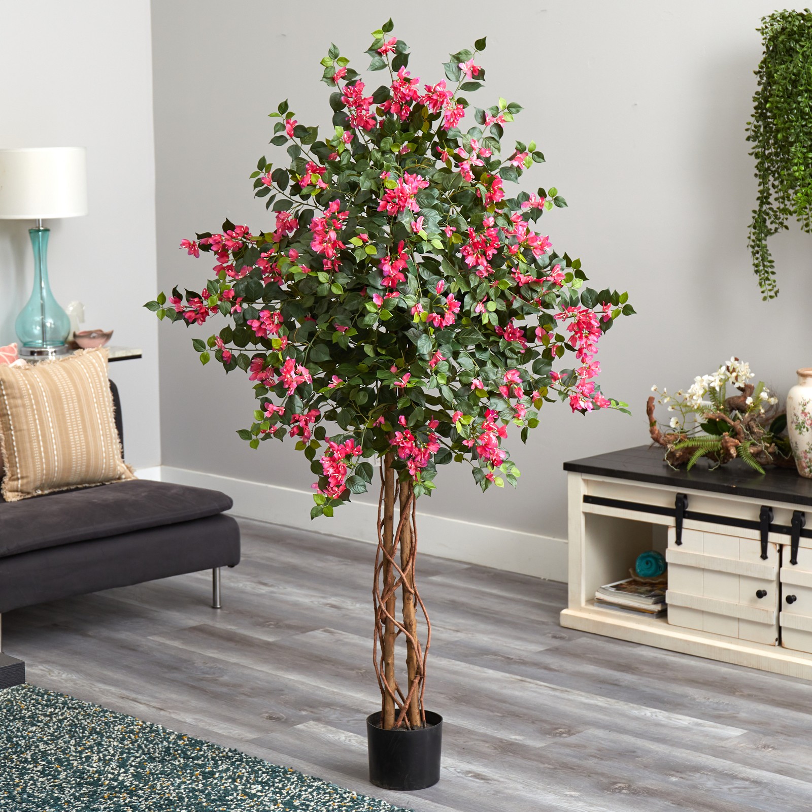 Nearly Natural 66″ Bougainvillea Artificial Tree in Pink/Black