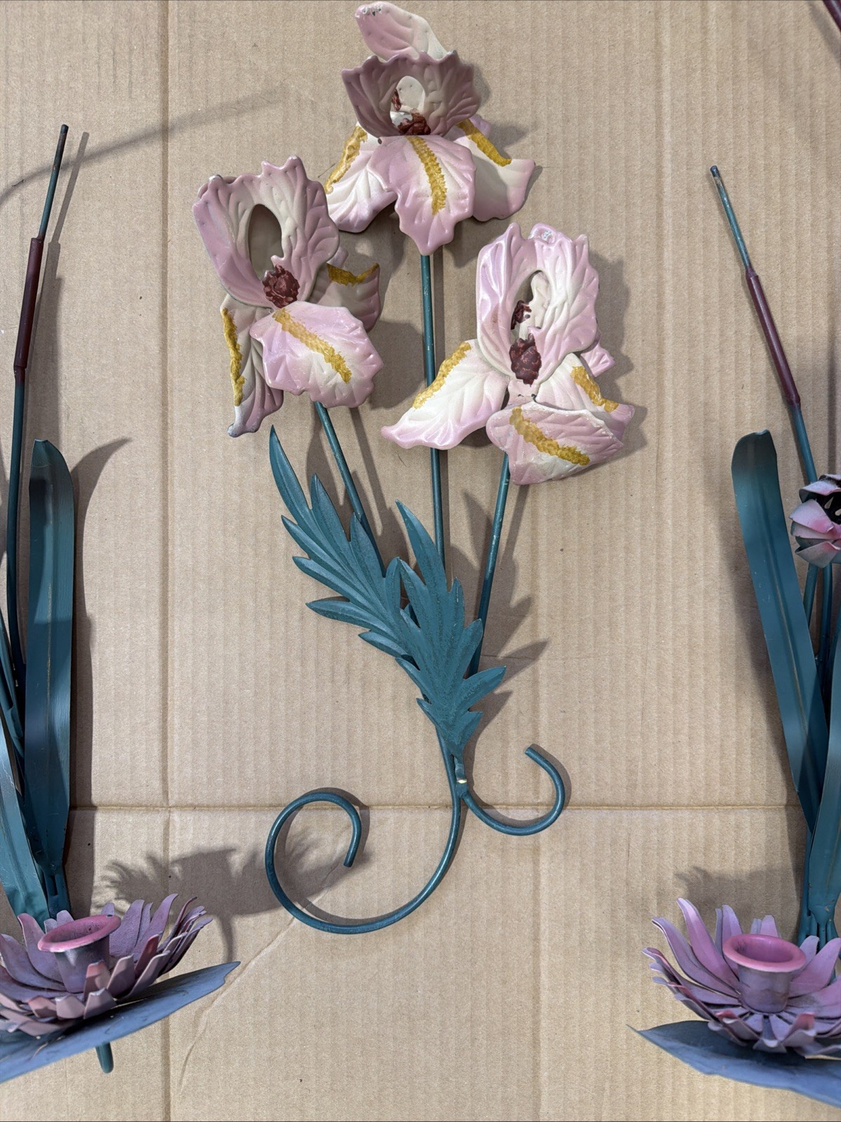 Vtg METAL CATTAIL LOTUS SCONCE & IRIS WALL ART MCM TOLEWARE 3 Pieces