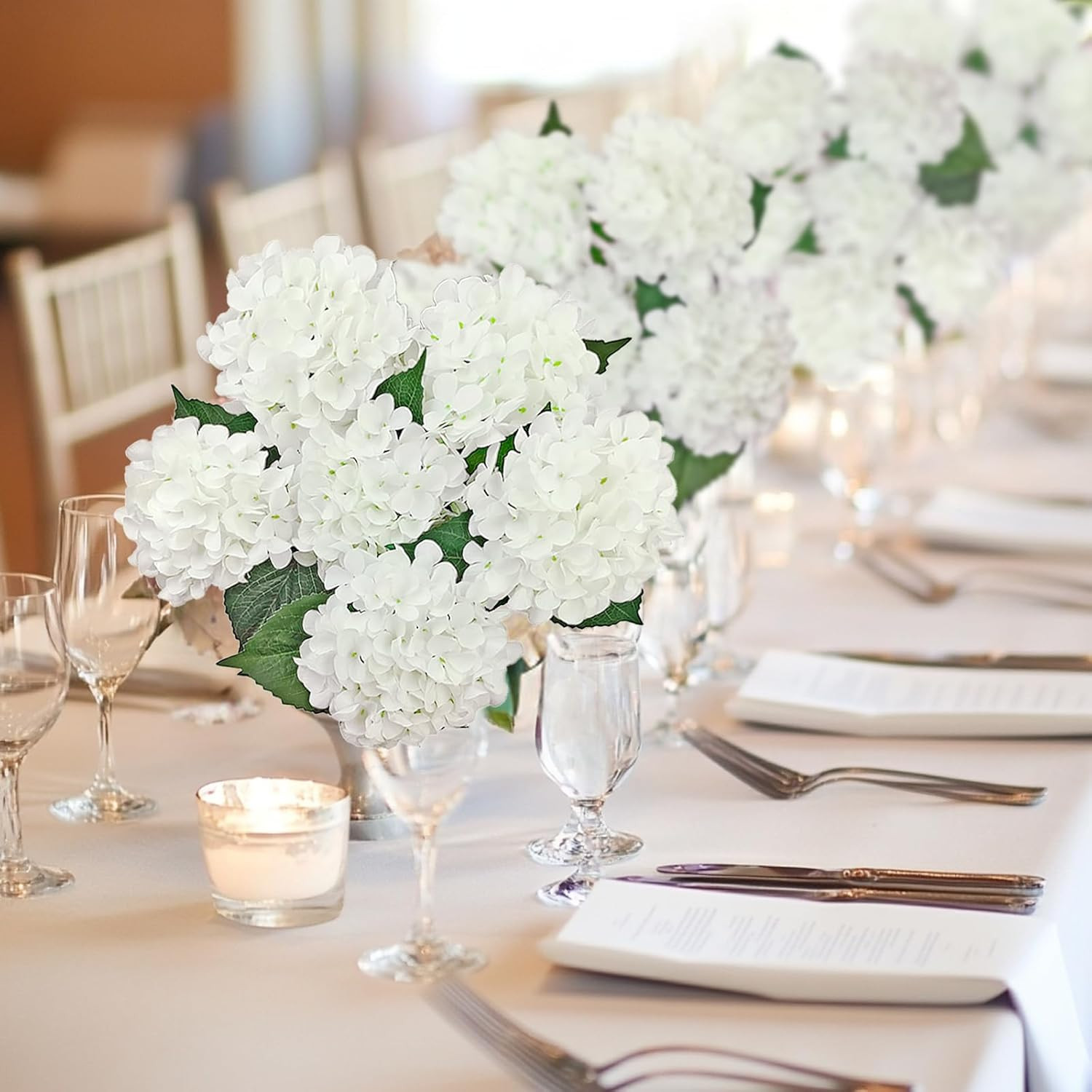6PCS White Hydrangea Artificial Flowers, Bulk Silk Fake Flower with Stems, Faux