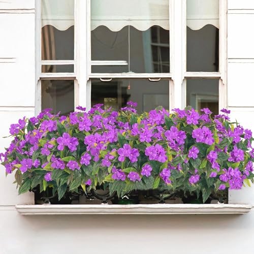 Artificial Impatiens Flowers 4 Stems Purple UV Resistant Plastic 13.5 in