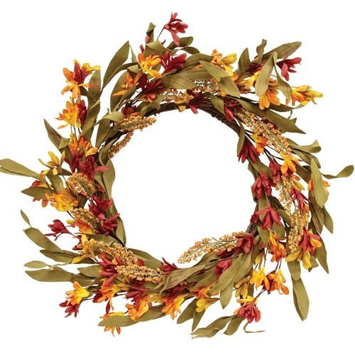 New Primitive Farmhouse FALL BRIGHT FLOWERS LEAVES WREATH Ring 18″