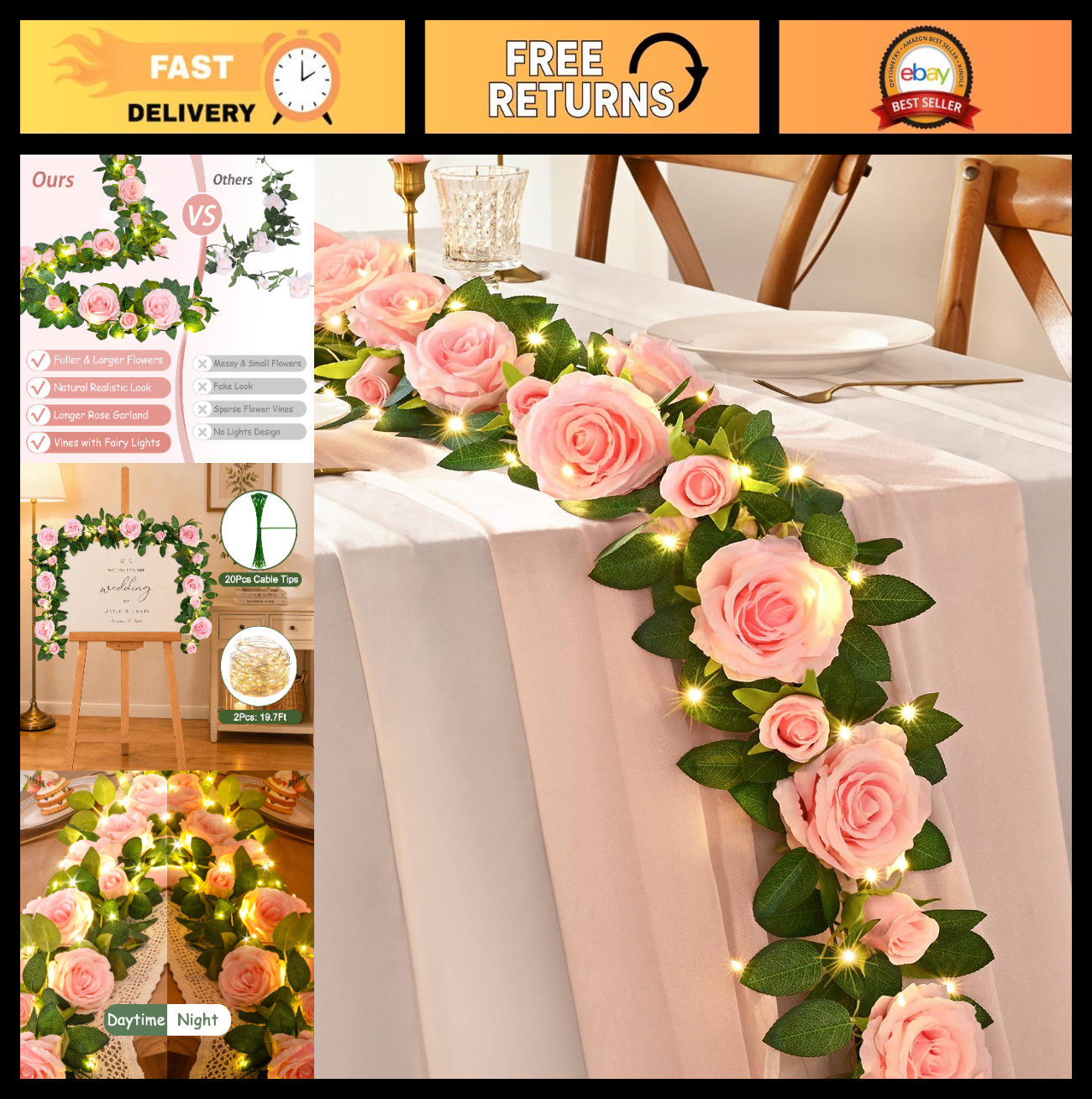 2 Pcs Floral Garland with 19.6 Ft LED Lights, Pink Silk Flowers for Wedding Deco