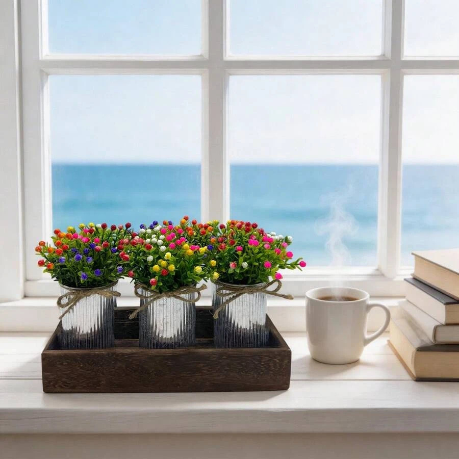 Set Of 3 Artificial Milan Bouquets Wood Tray Table Centerpiece Flower