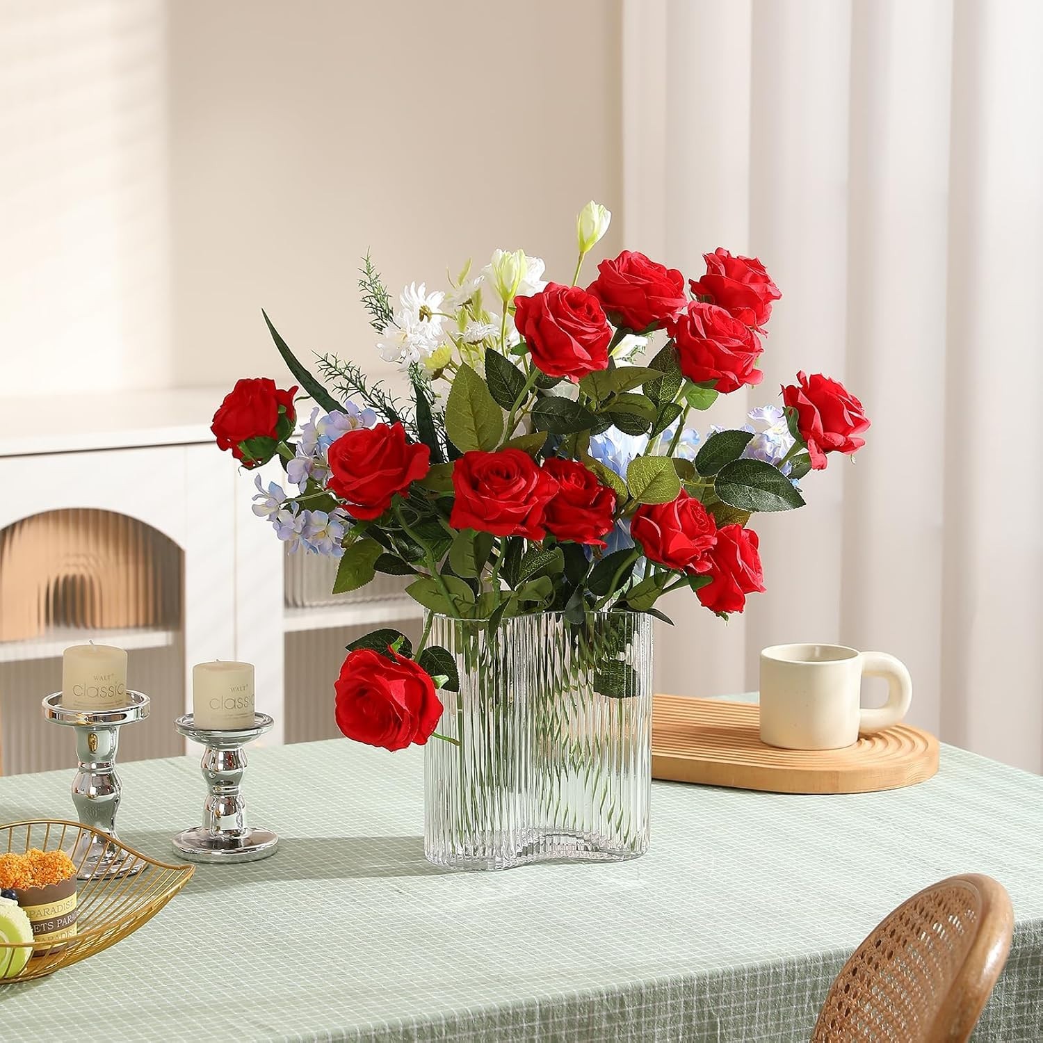 Realistic Red Roses 12PCS Silk Flowers with Bendable Stems for Home Decoration