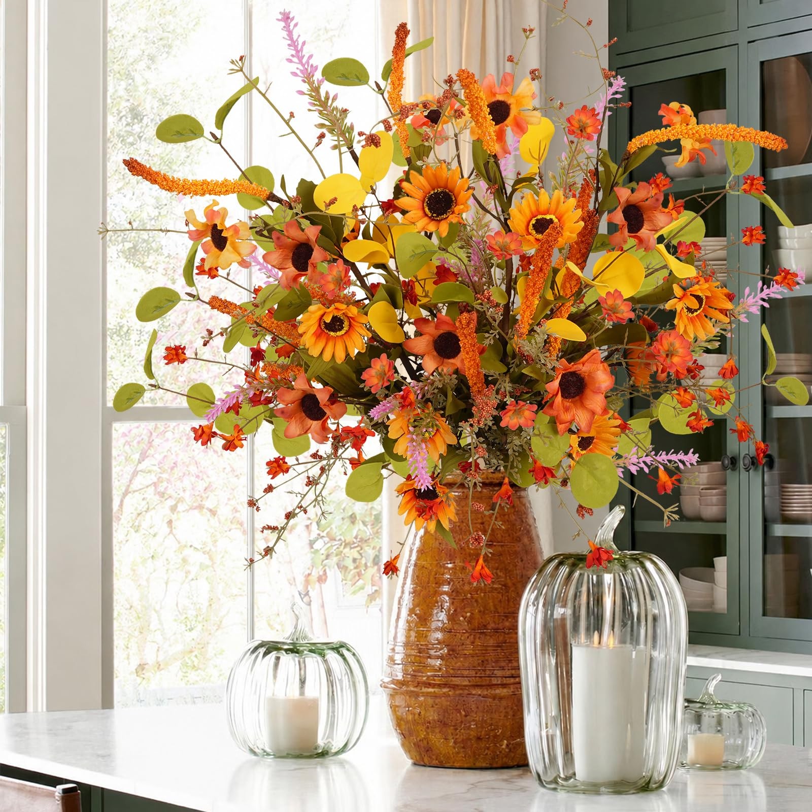 23 Inch Artificial Fall Flowers Fake Sunflower Orange Faux Flowers with Laven…