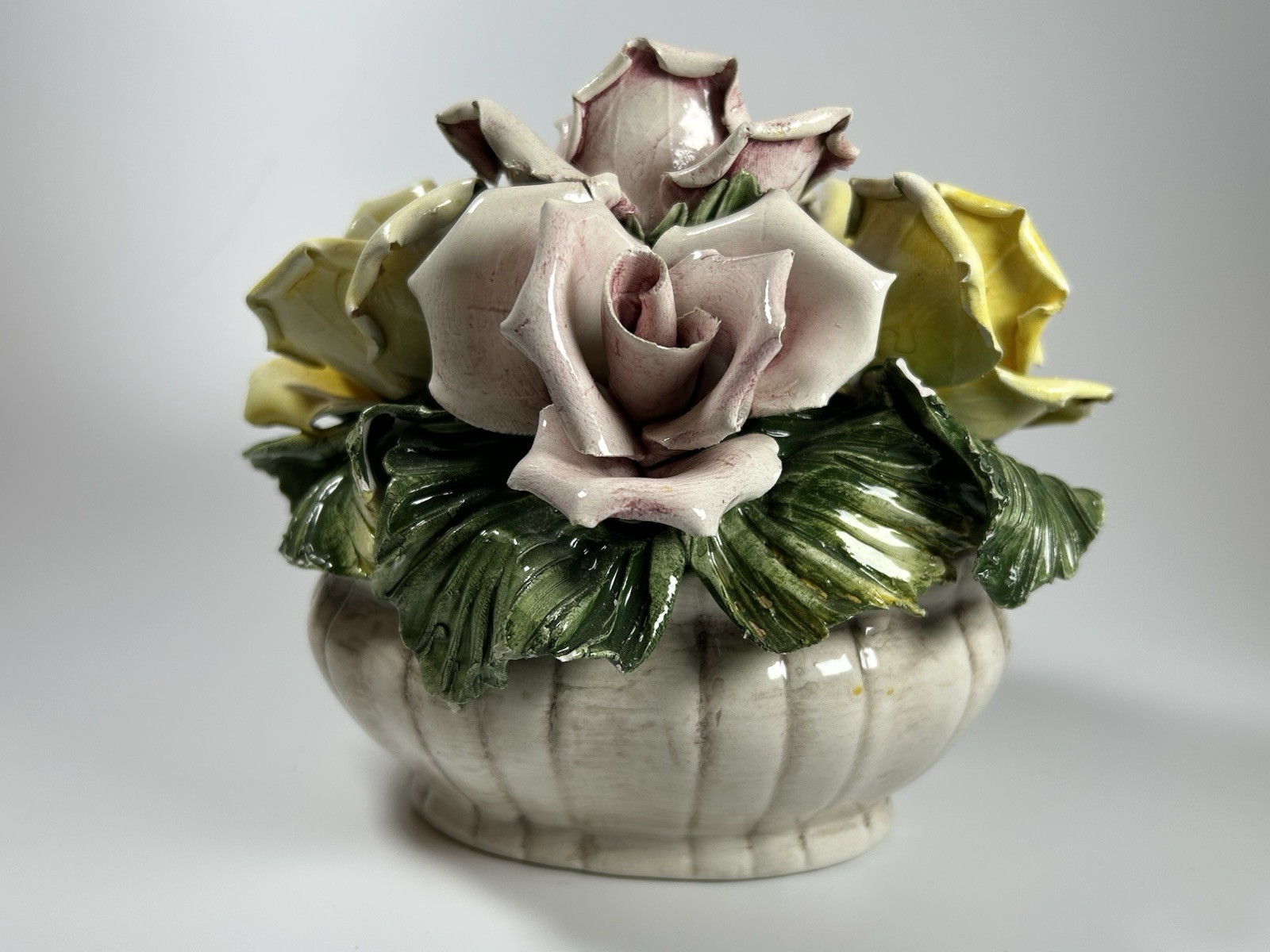 Porcelain Flower Centerpiece Capodimonte Italy Pink Yellow Roses 6.5” Long