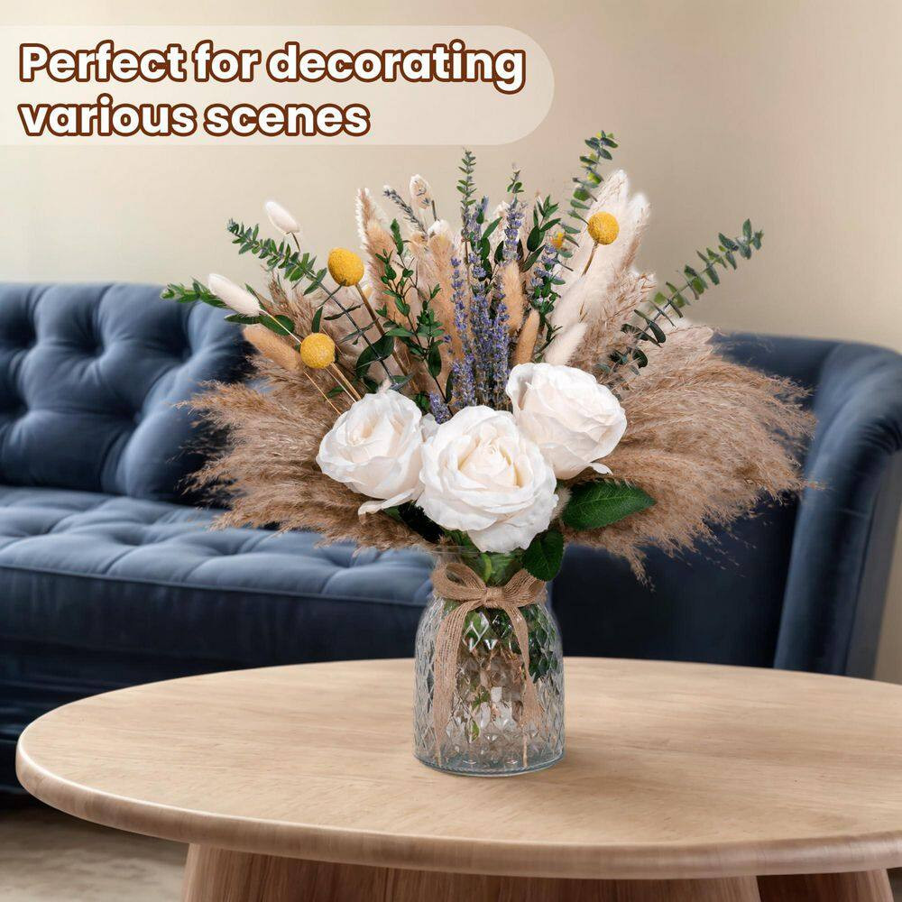 5.5 in Artificial Plant Arrangement in Vase Beige Centerpiece Pampas Grass Eucal