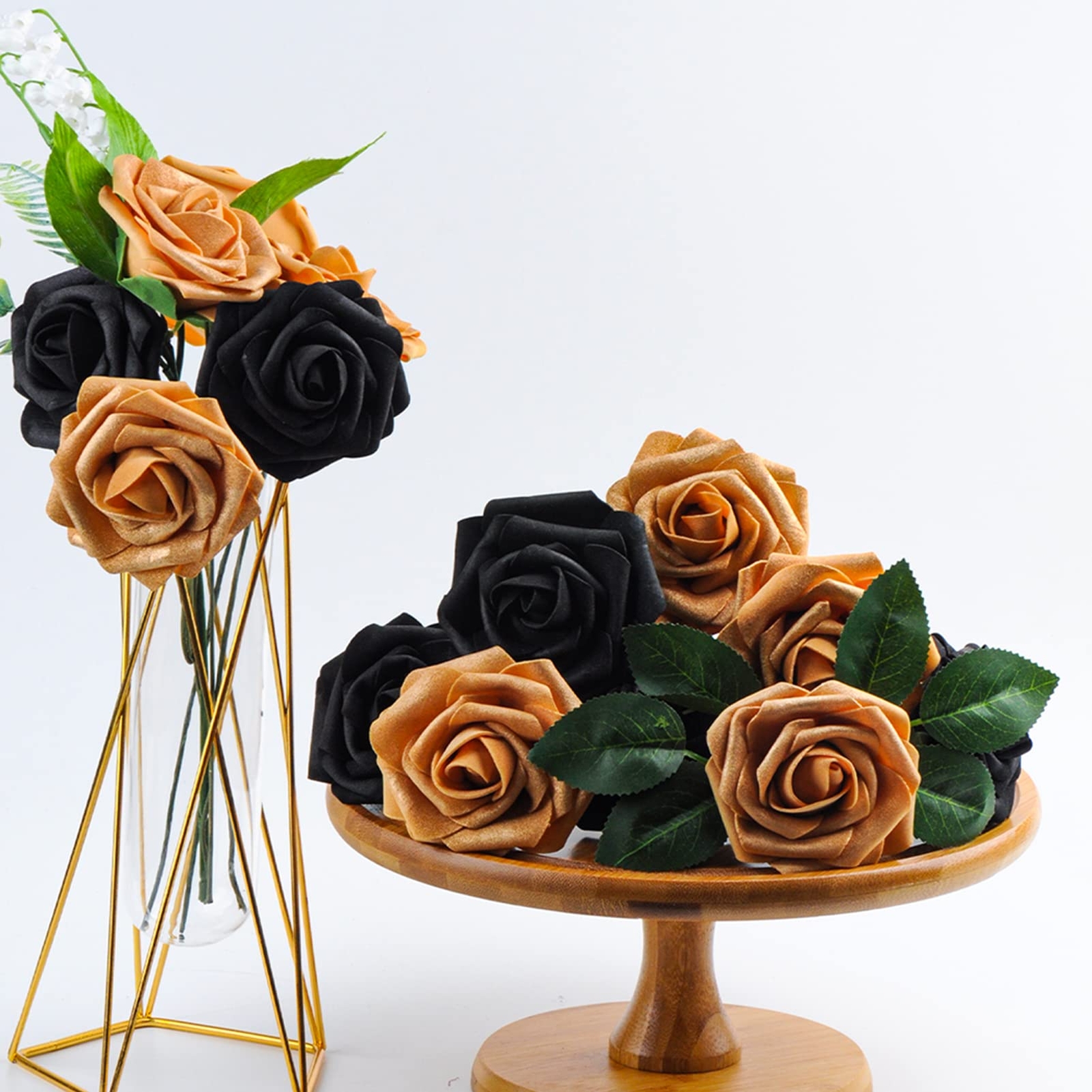 50 Pcs Black Gold Roses Artificial Flowers Wedding Centerpiece Baby Shower