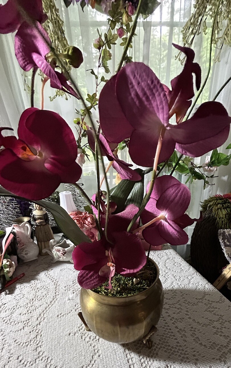 Artificial Orchids In Brass Urn With 3 Feet 20” Tall Darker Colors Due To Light