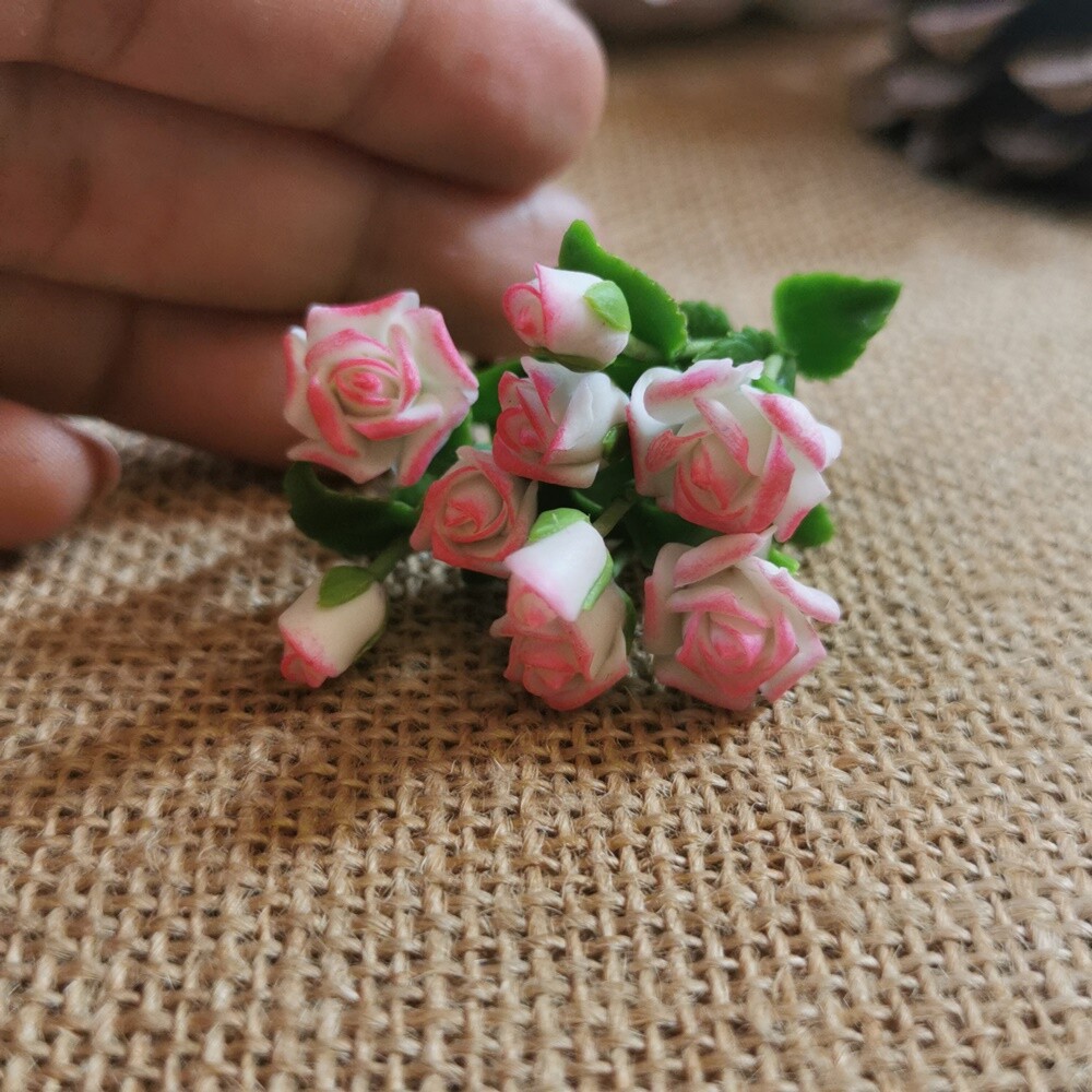 Bloom White Rose Pink Edges Flower Miniature Dollhouse 3 Bunches Flowers Decor