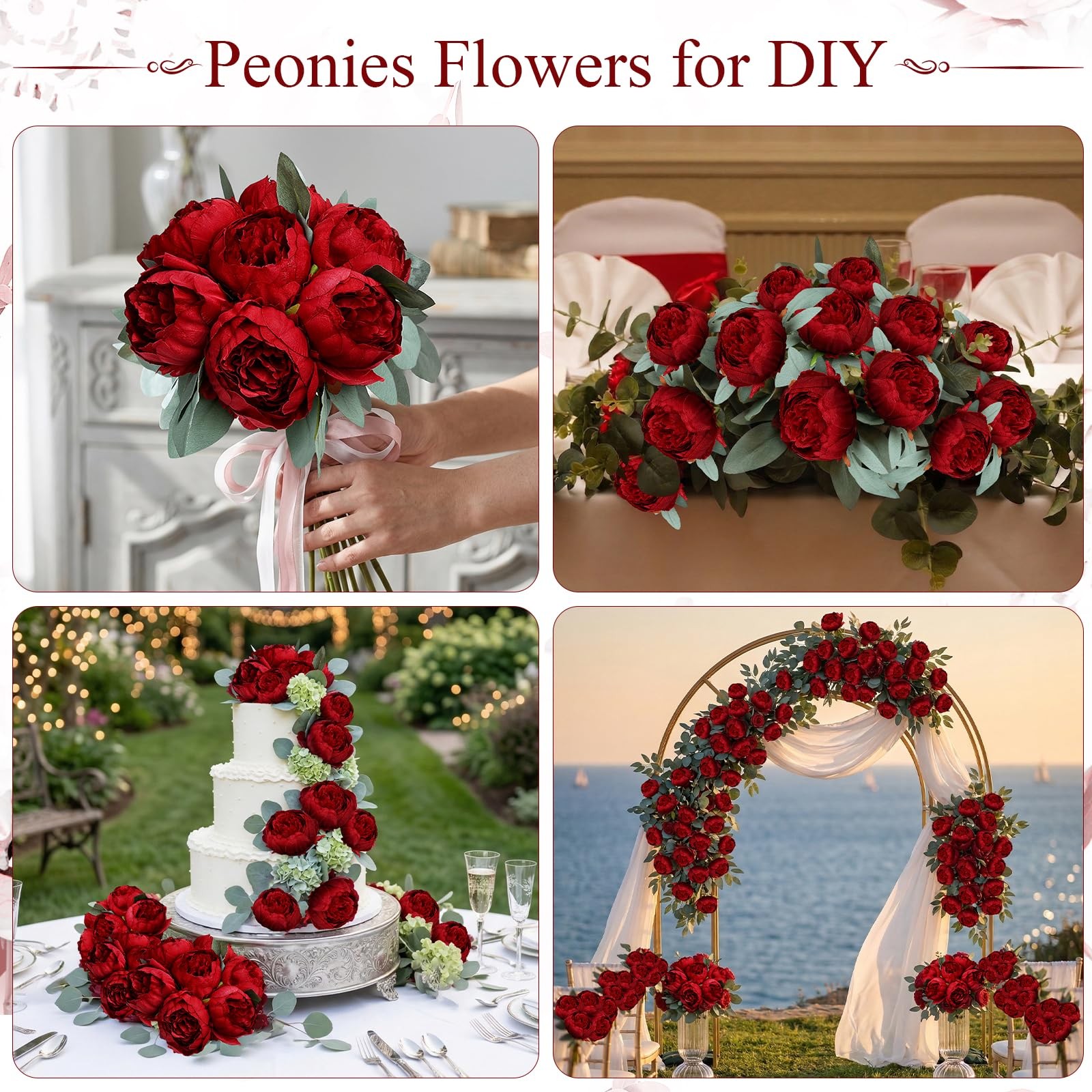 50 PCS Burgundy Artificial Peonies Fake Flowers Faux Silk Arrangements