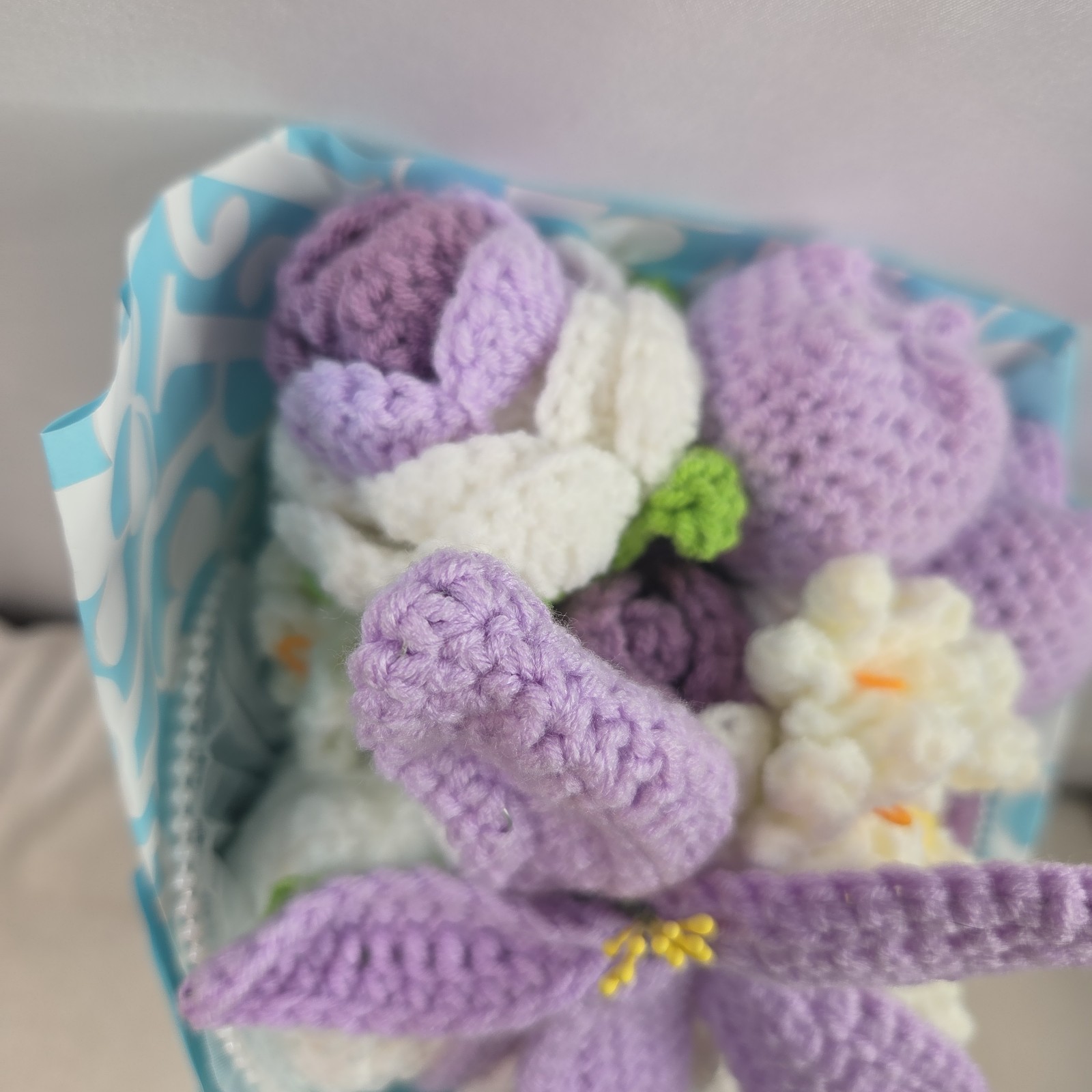 Crochet Flower Bouquet Purple Handmade Knitted Flowers Rose Tulips Bunch Bundle