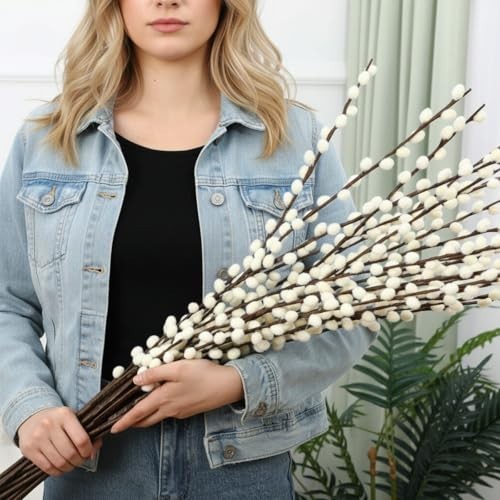 30 Stems 31.5″ Artificial Pussy Willow Branches – Faux Snow Flower Stems for Hom