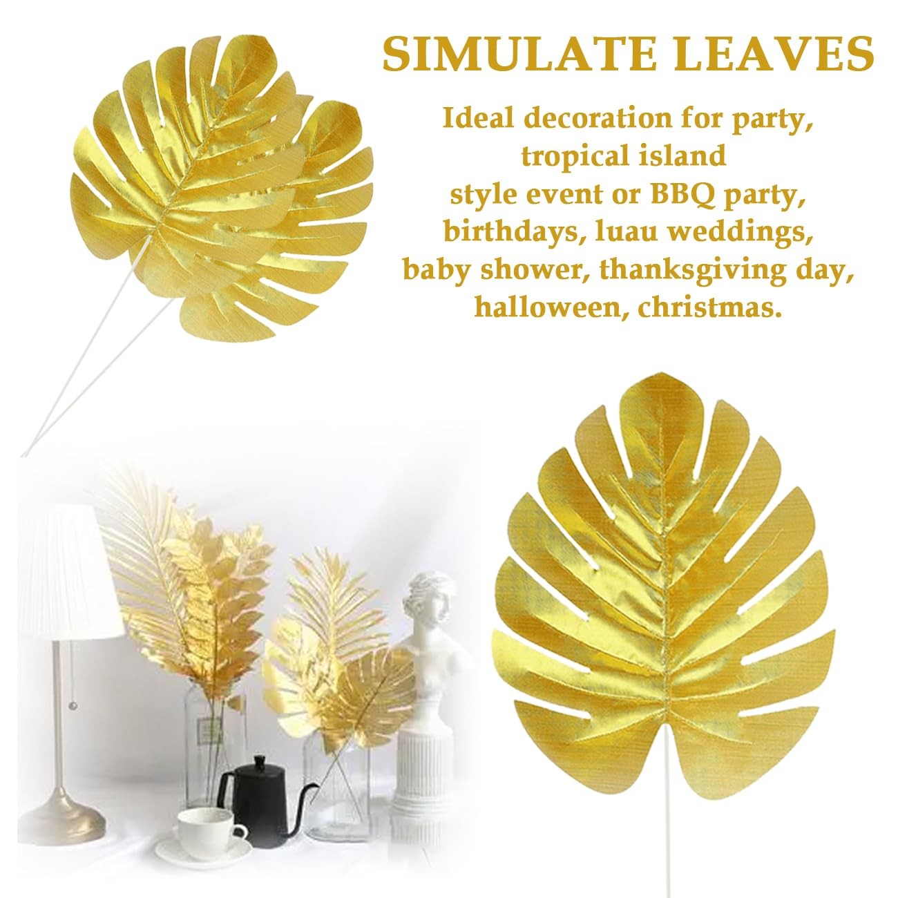 10 Pcs Artificial Gold Palm Leaves Tropical Party Leaves Table Wall Decoration