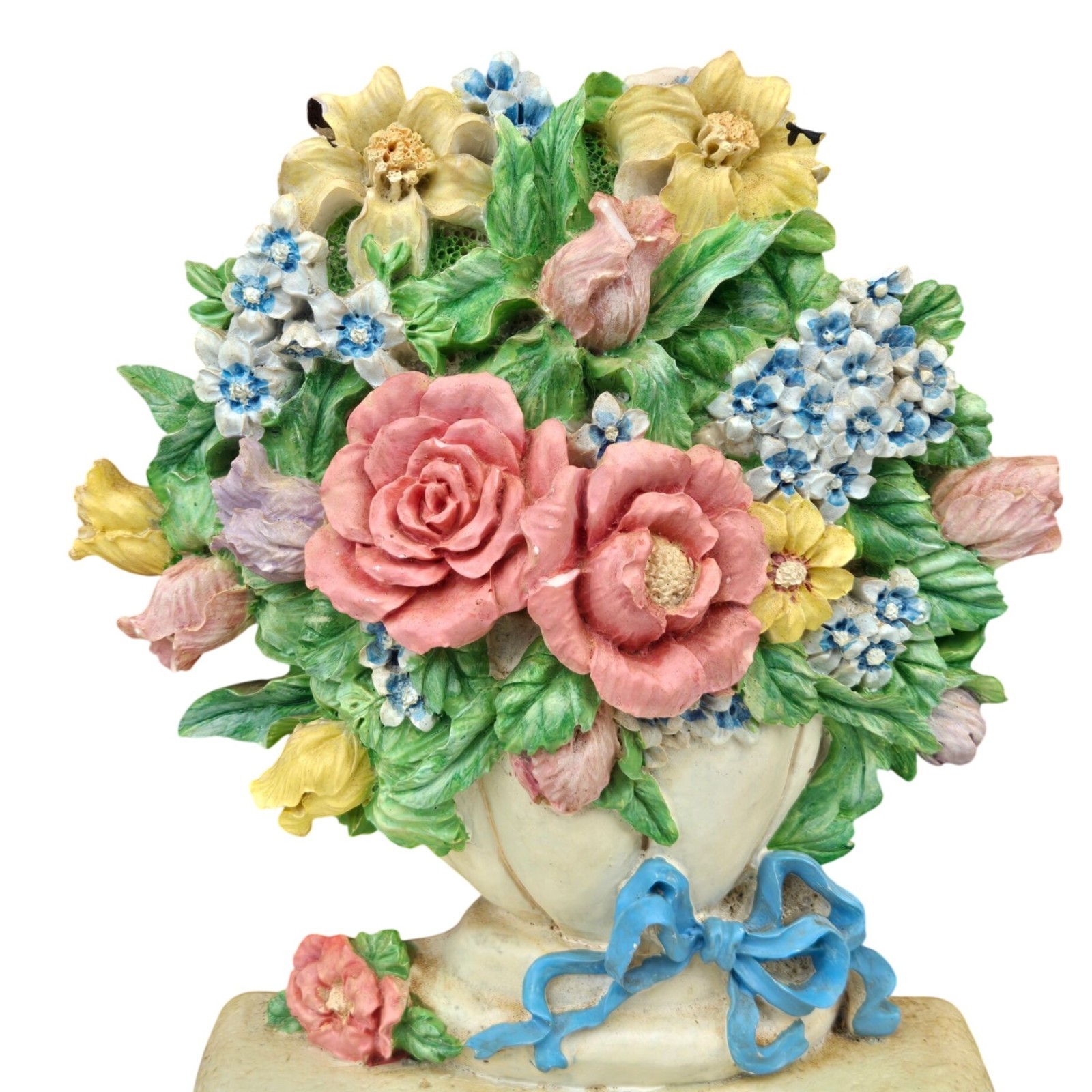 Vintage Flower Arrangement Doorstop Shabby Cottagecore Floral White Blue Ribbon