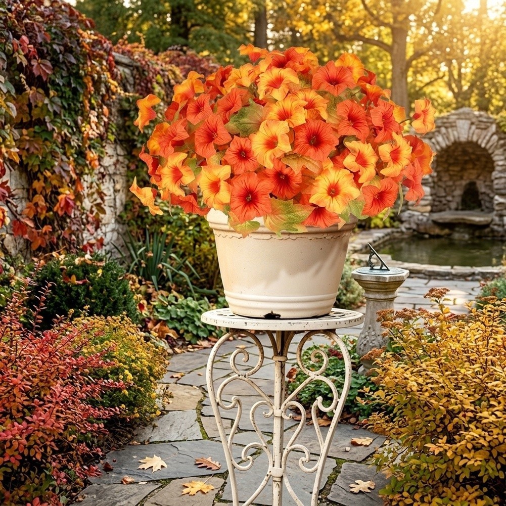 Artificial Petunias 17in Orange Yellow 6 Pack Sturdy Plastomer for Garden Decor