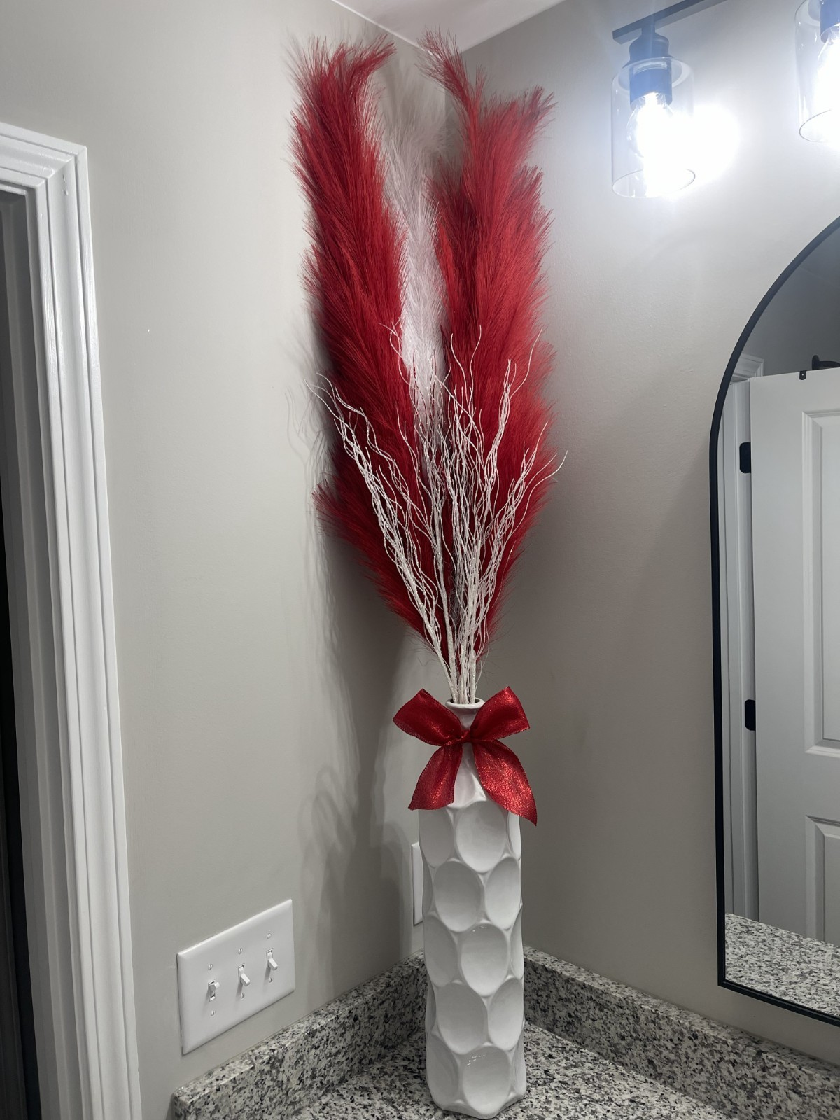 Red & White Christmas Pampas Arrangement in Ceramic Vase | 58″ Holiday Decor