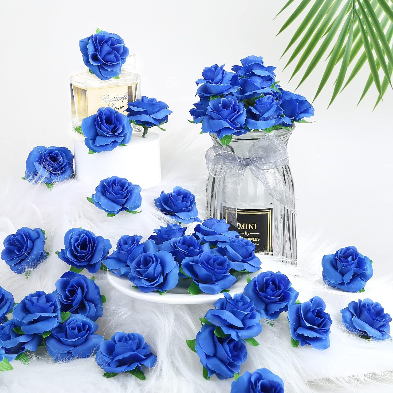 Kesote 50Pcs Royal Blue Roses Artificial Flowers Bulk, 1.6″ Small Silk Fake