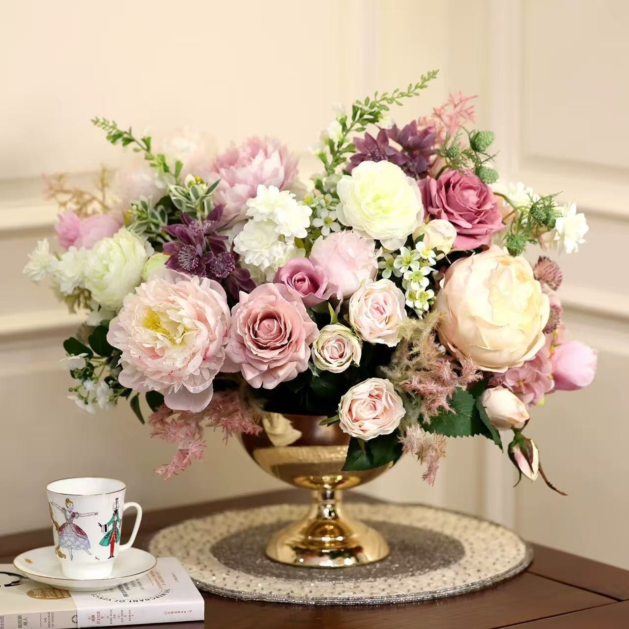 Luxury French Faux Floral Arrangement Pink Peony Rose Centerpiece with Gold Vase