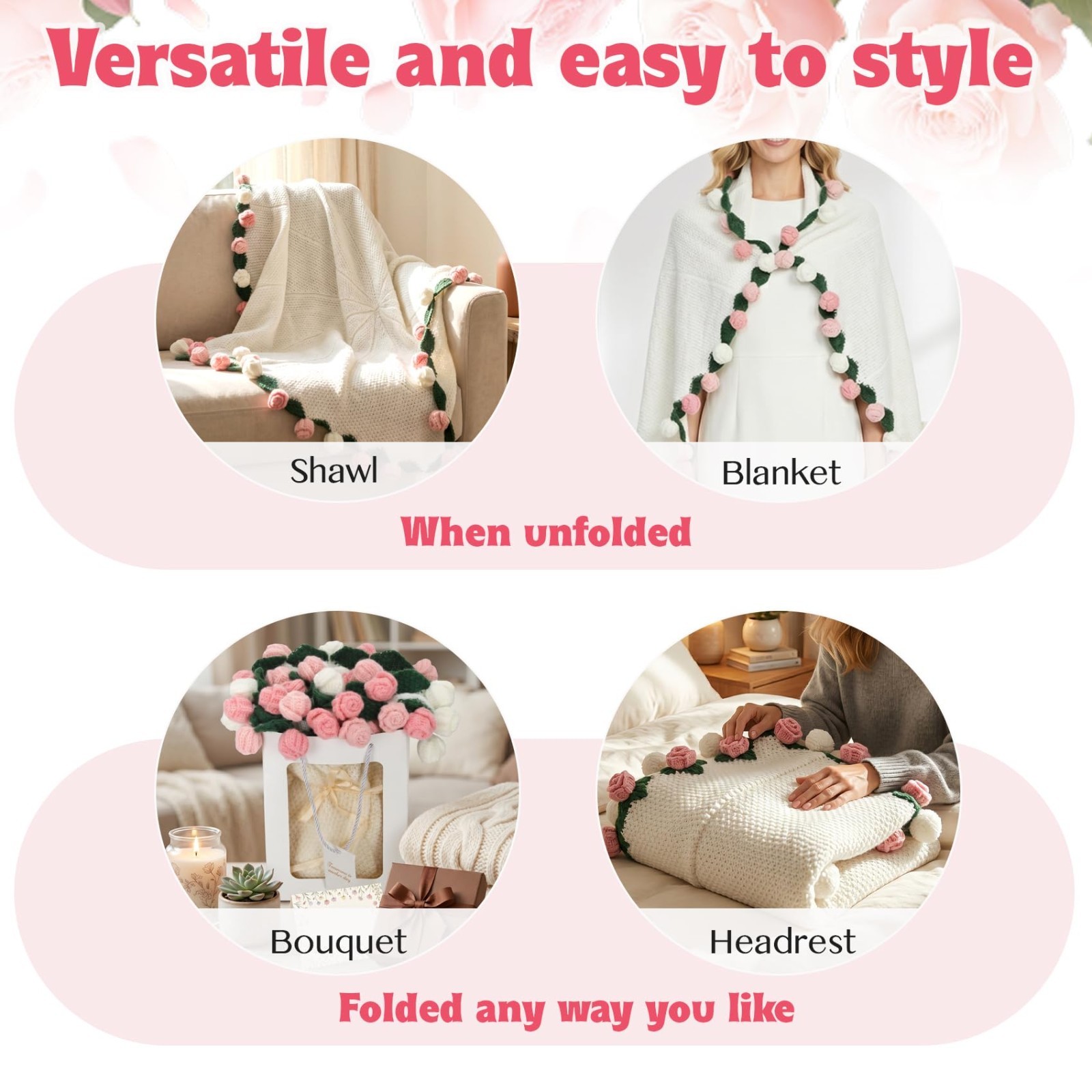 43-Inch Hand-Crocheted Rose Flower Bouquet Blanket – Romantic Gift for Home Deco
