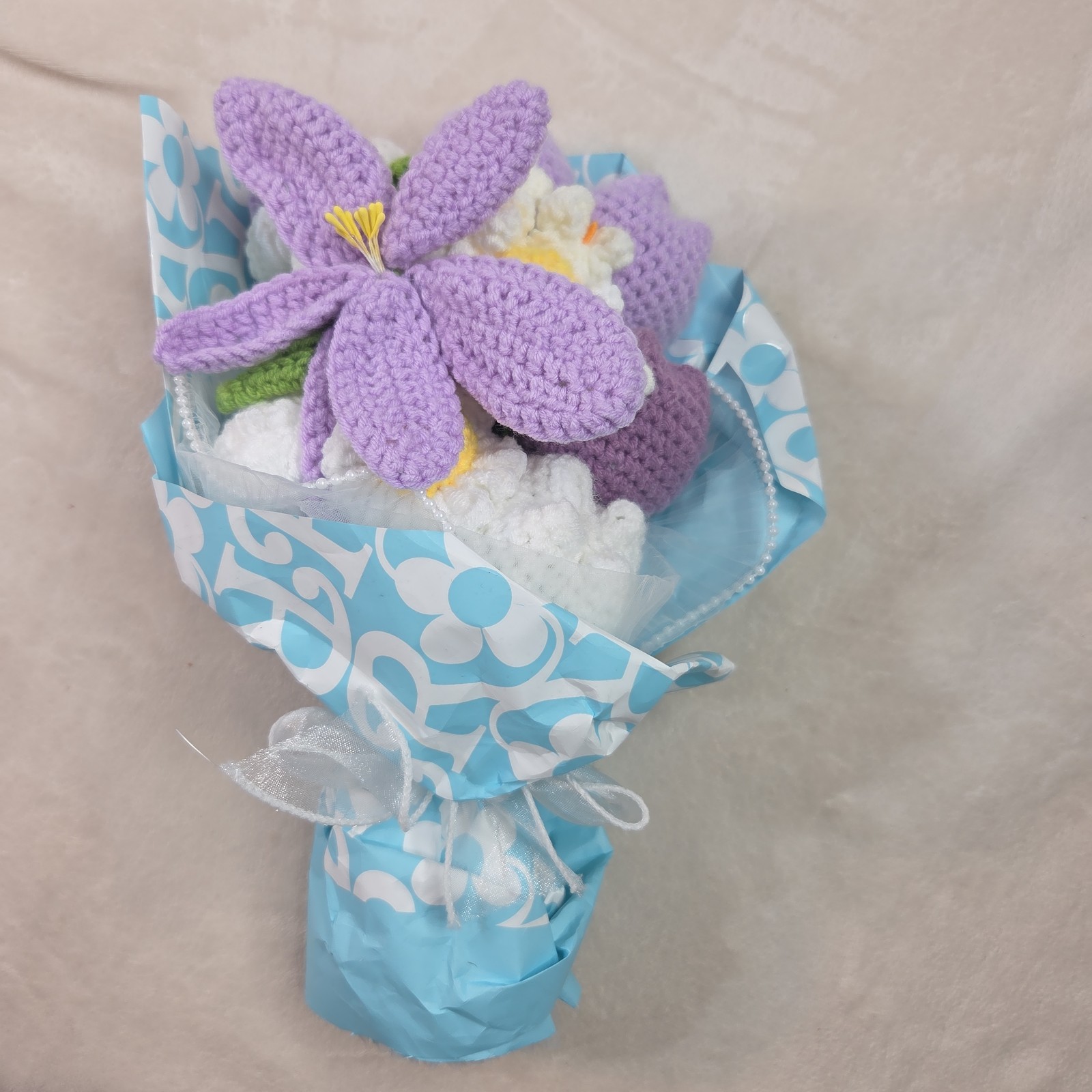 Crochet Flower Bouquet Purple Handmade Knitted Flowers Rose Tulips Bunch Bundle