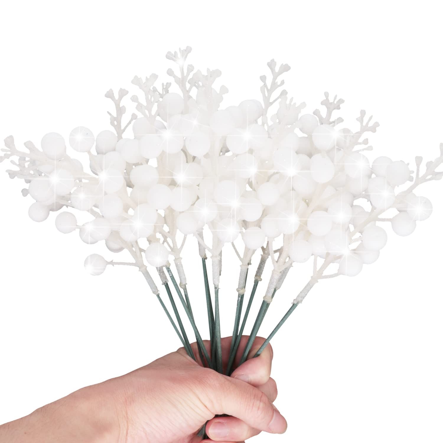 Artificial White Berry Stems, 24 Pack 8.7″ Christmas Glitter Berries Stems Ar…