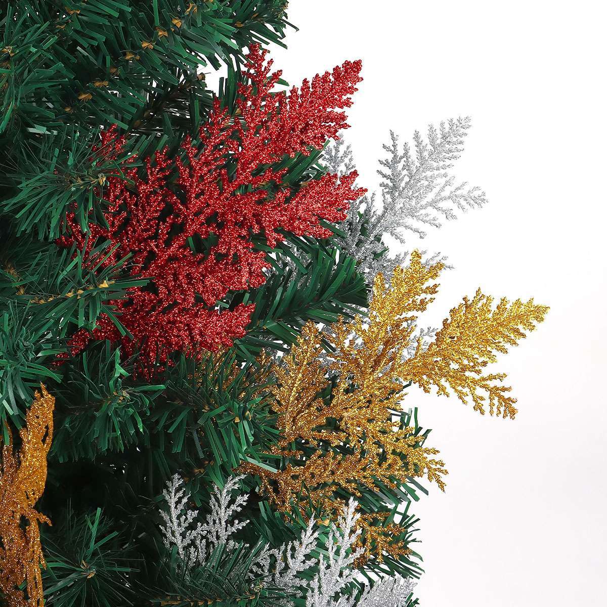 10x Pine Needles Fake Floral Christmas Glitter Fern Leaf Branch Decor Artificial
