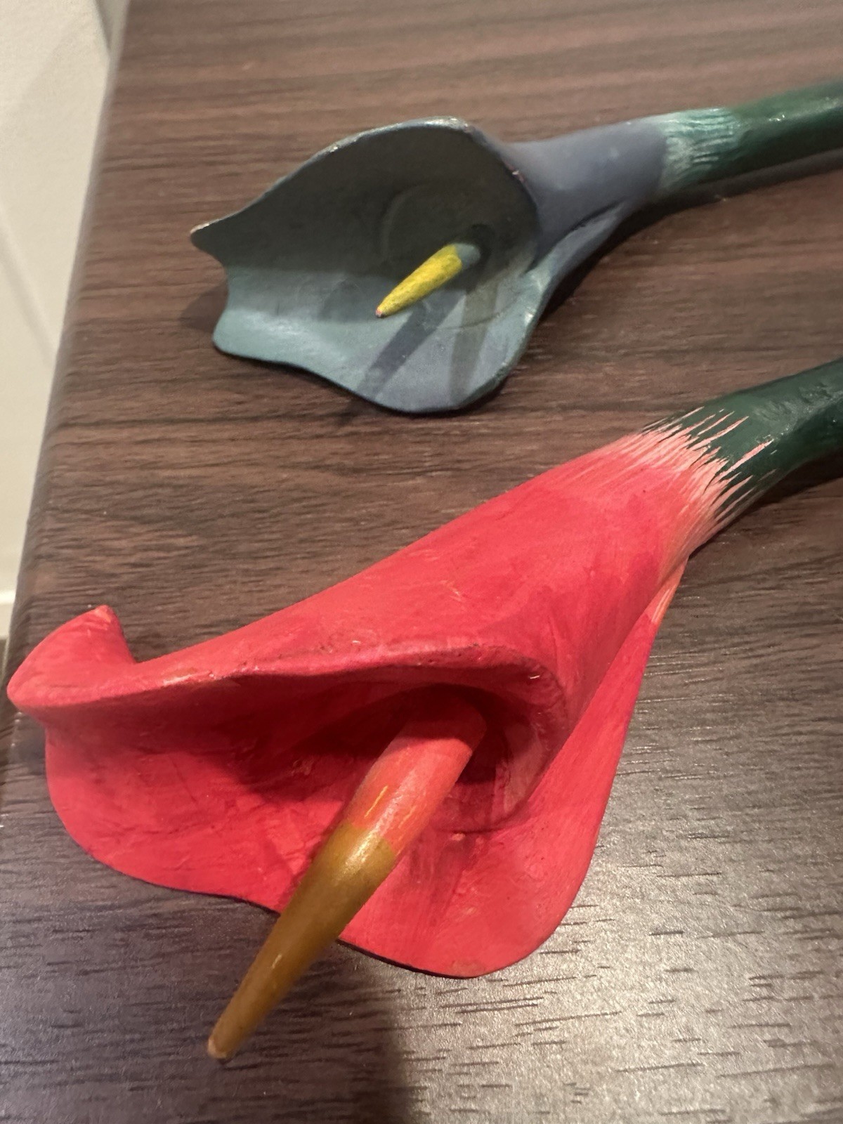 Pair Of Red And Blue Wood Long Stem Calla Lillies 18”