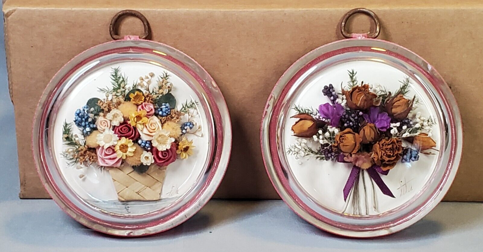 Convex Glass Bubble Dried Floral Silk Ribbon Floral Wall Art Shabby Elegance Set