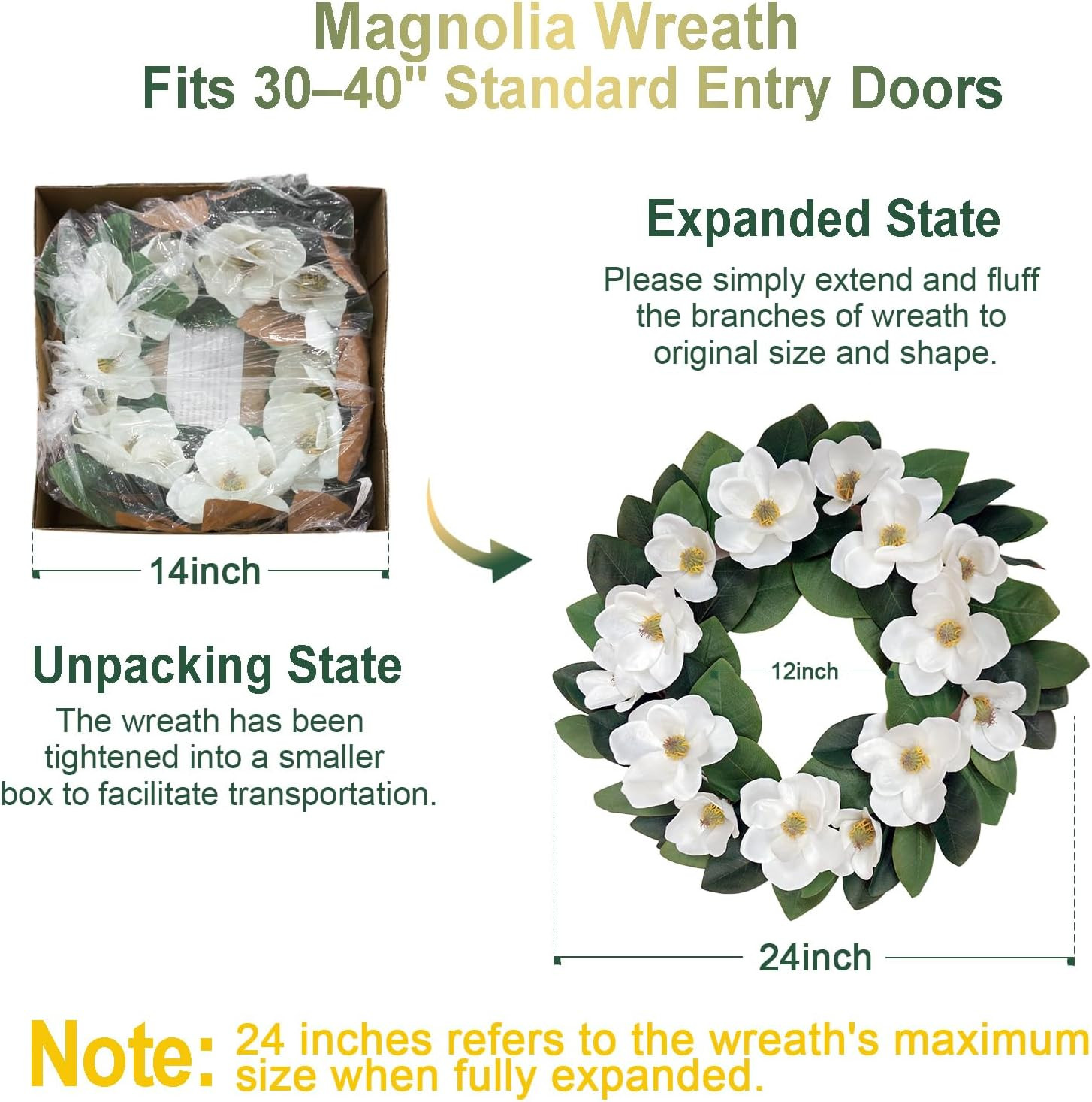 24″ Faux Magnolia Wreath for Year-Round Home Decor – Front Door & Wall Accent