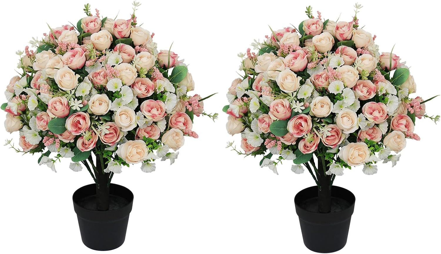 24″ Faux Rose & Eucalyptus Outdoor Flowers in Cement Pots – Set of 2