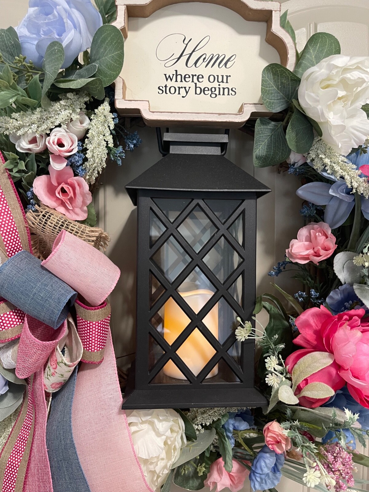 Home Where our Story Begins Lantern wreath by Taylormadecustombows 27x25x7″
