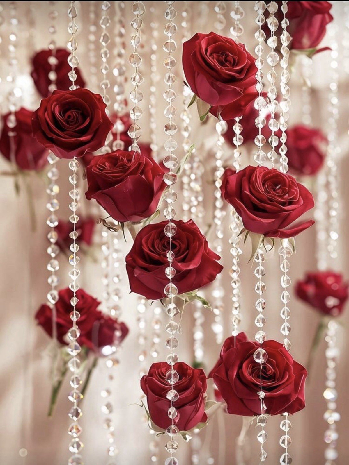 Artificial Red Rose Hanging Decor with Crystal Bead Strands, 7cm Roses 21 pcs