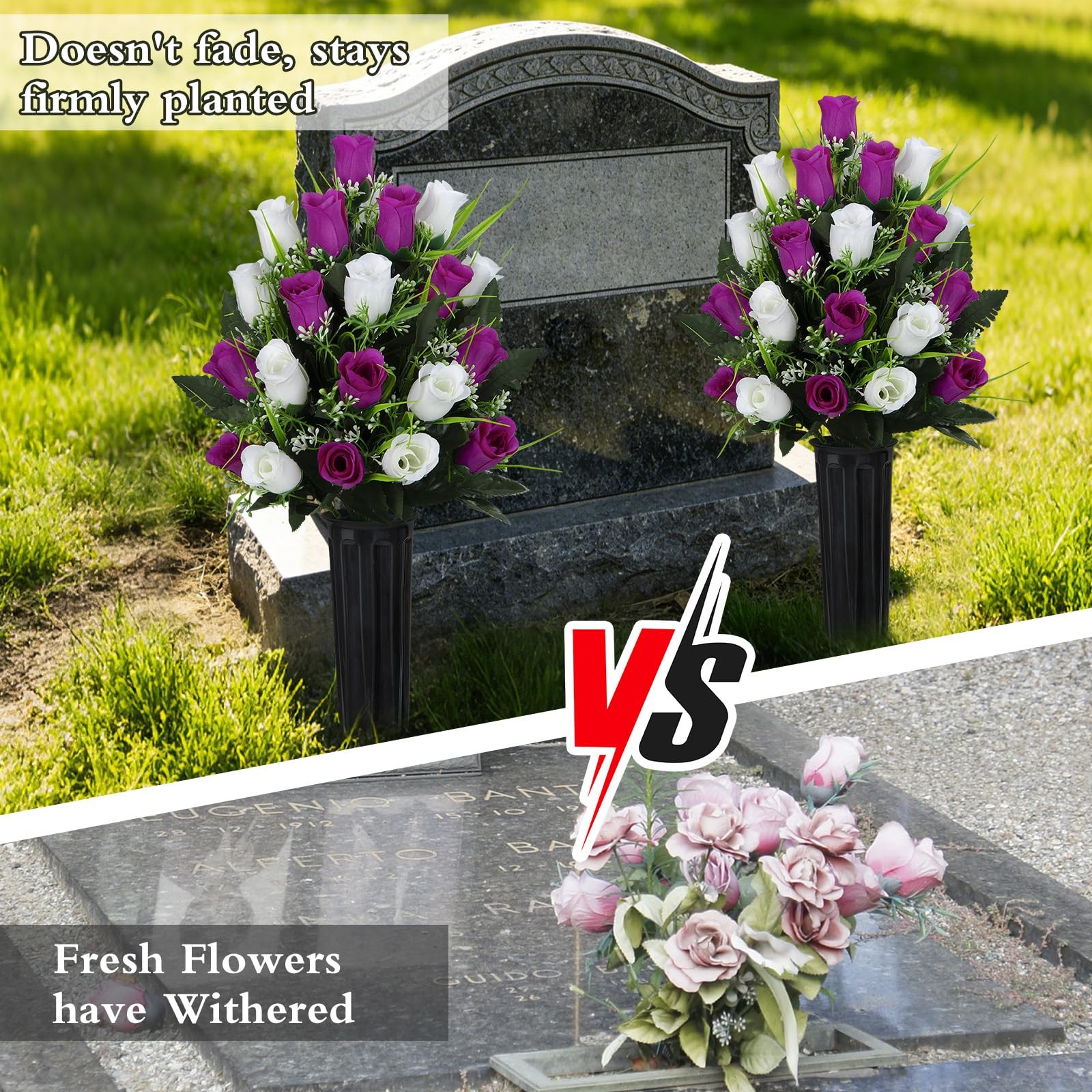 2 Sets Artificial Cemetery Flowers, Grave Decorations Roses, Memorial Flowers…