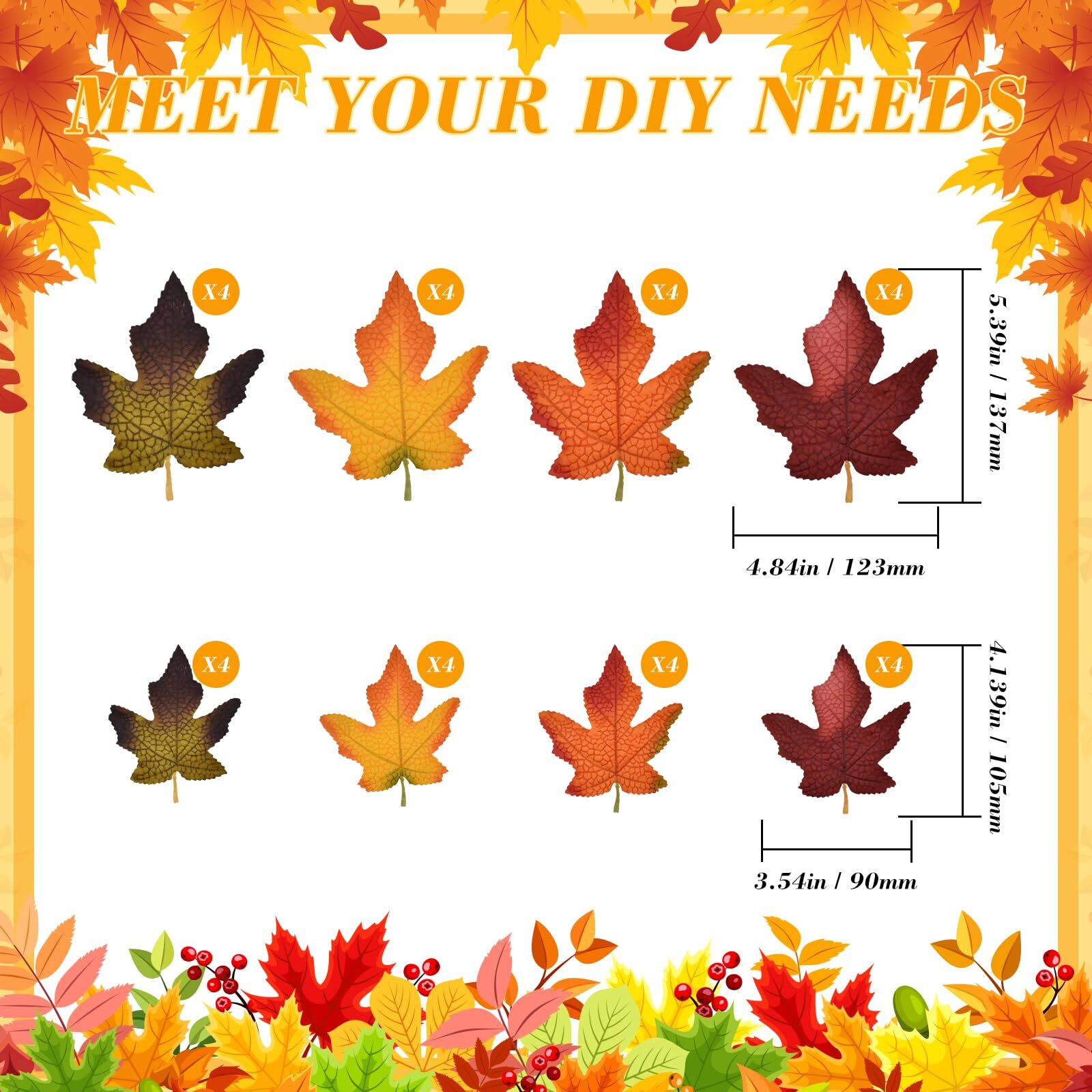 Fall Artificial Maple Leaves 32 Pcs 2 Sizes Mixed Colored Faux Autumn Harvest