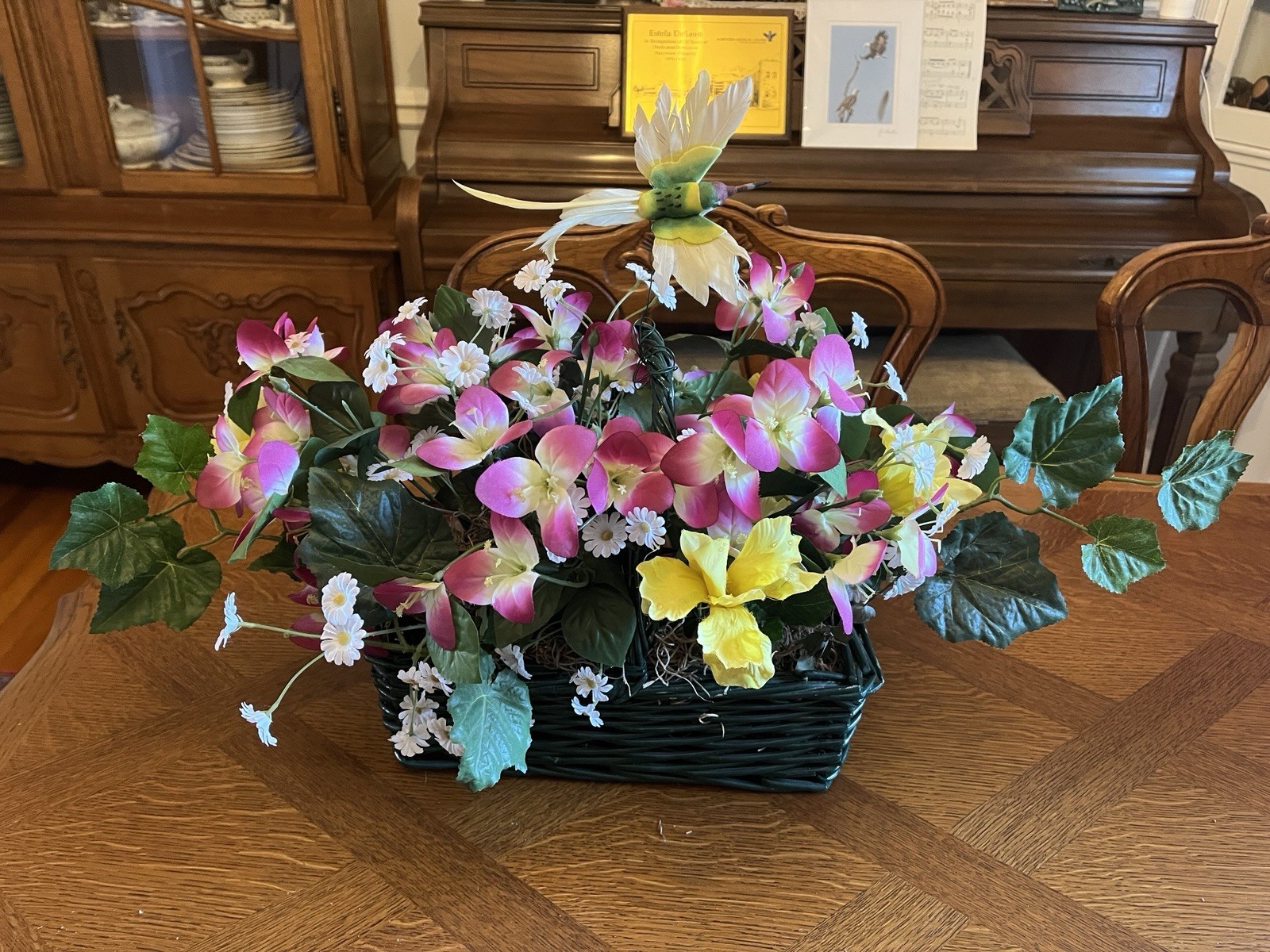 Beautiful Spring Silk Floral Arrangement In Green Wicker Basket