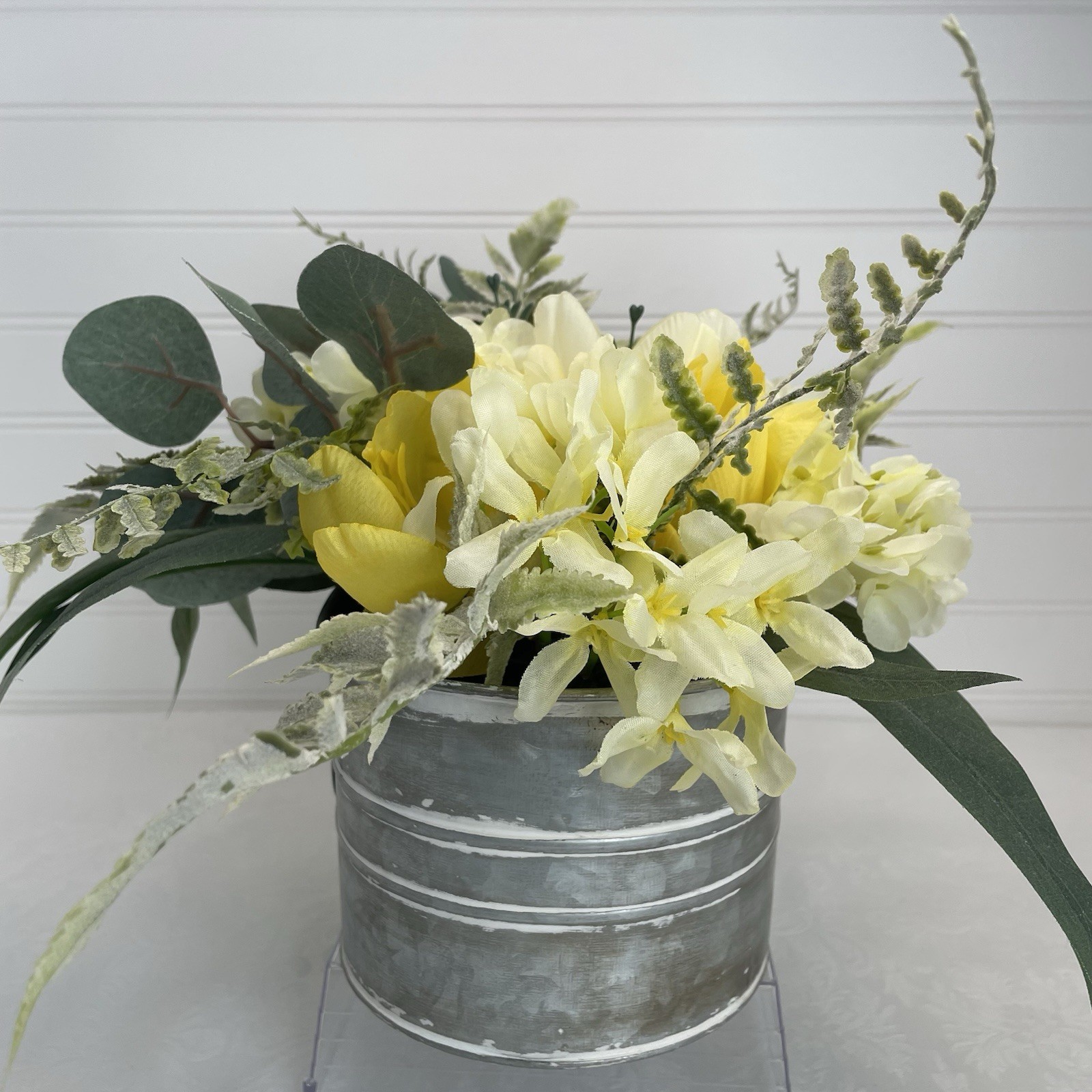 Artificial Floral Basket Arrangement Centerpiece Yellow Flowers in Metal Planter