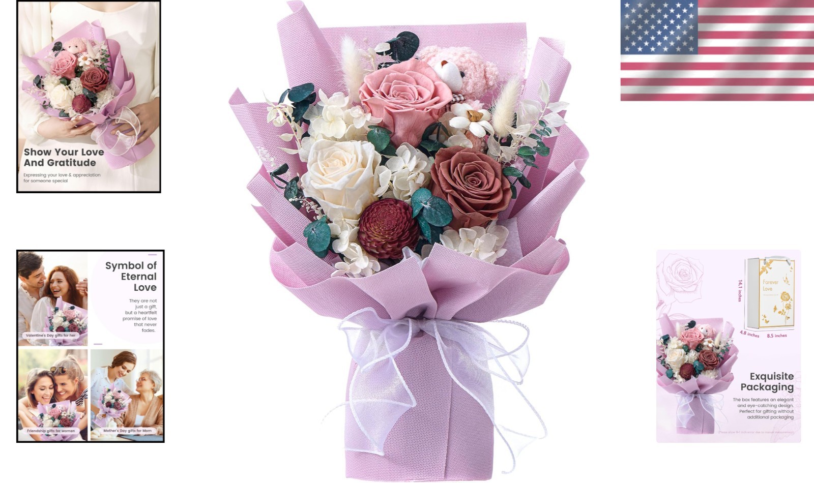 Elegant Purple Forever Flower Bouquet with Cute Bear Gift Box for Loved Ones