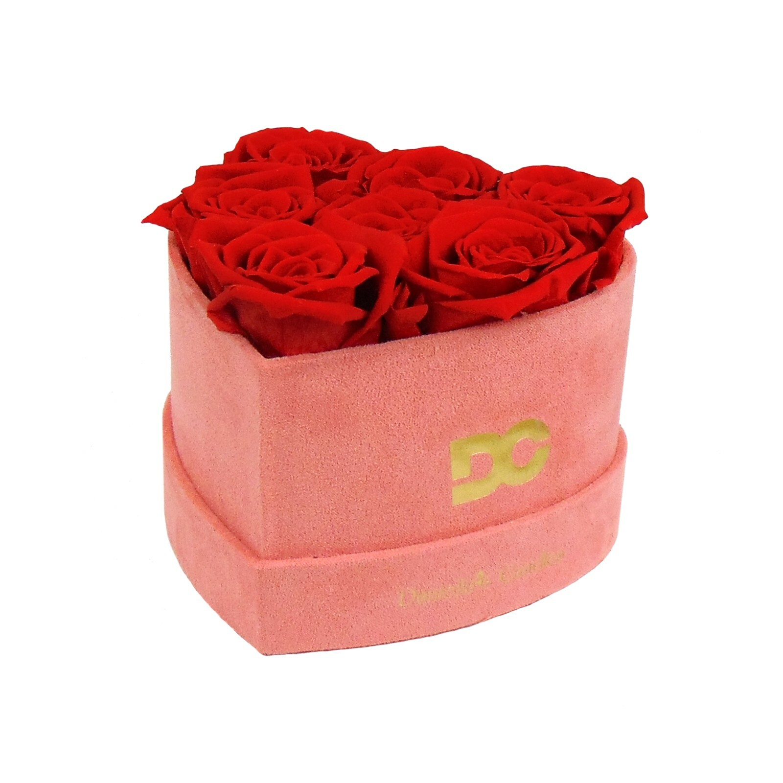 Personalized Heart Shaped Red Roses In Pink Suede Box, Real Long Lasting Roses