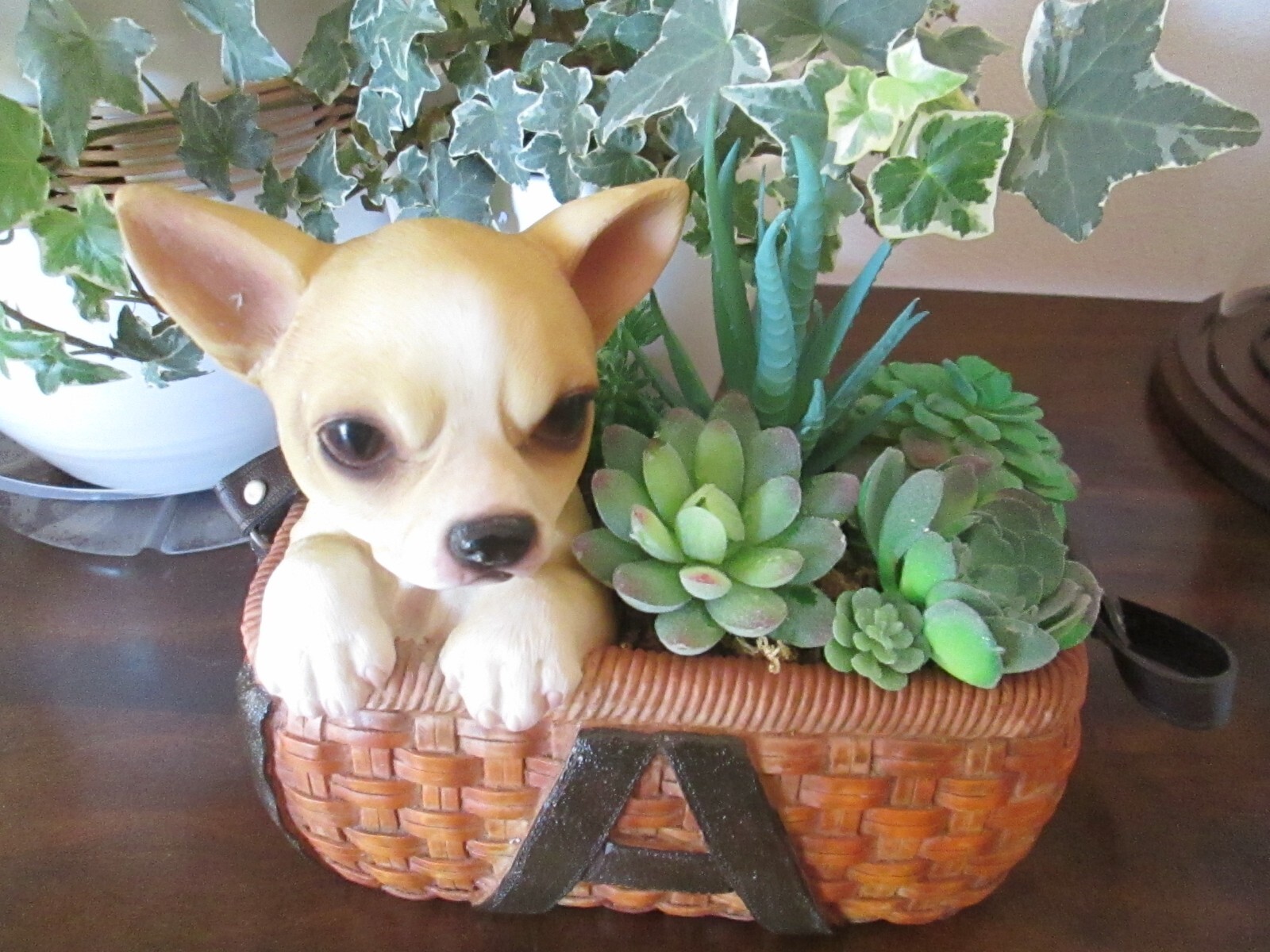 Chihuahua Dog Planter w Faux Succulents Ceramic Basket 7″ x 8″ room Decor