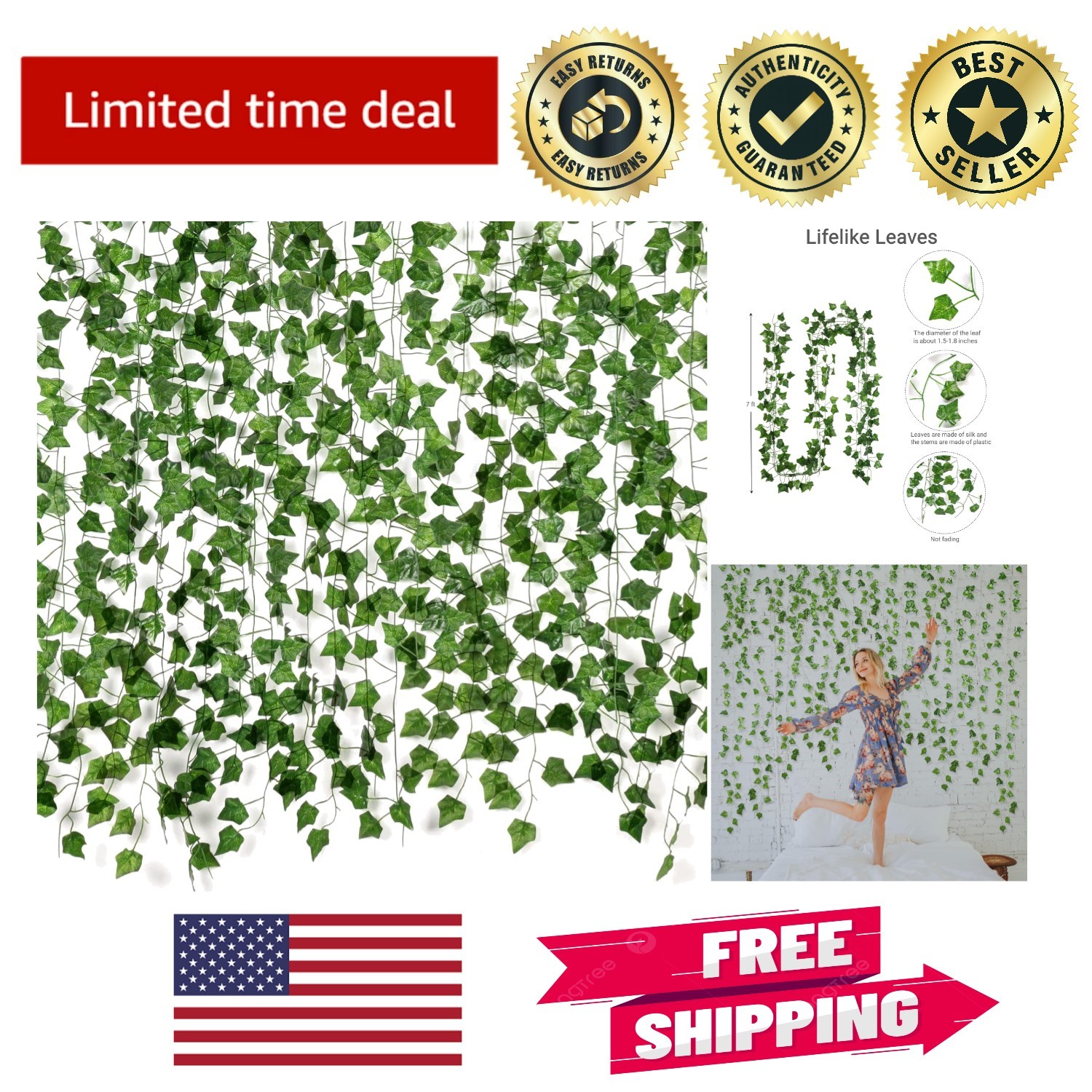 Aesthetic 84ft Artificial Ivy Vines – 12 Pack Hanging Greenery for Home Decor