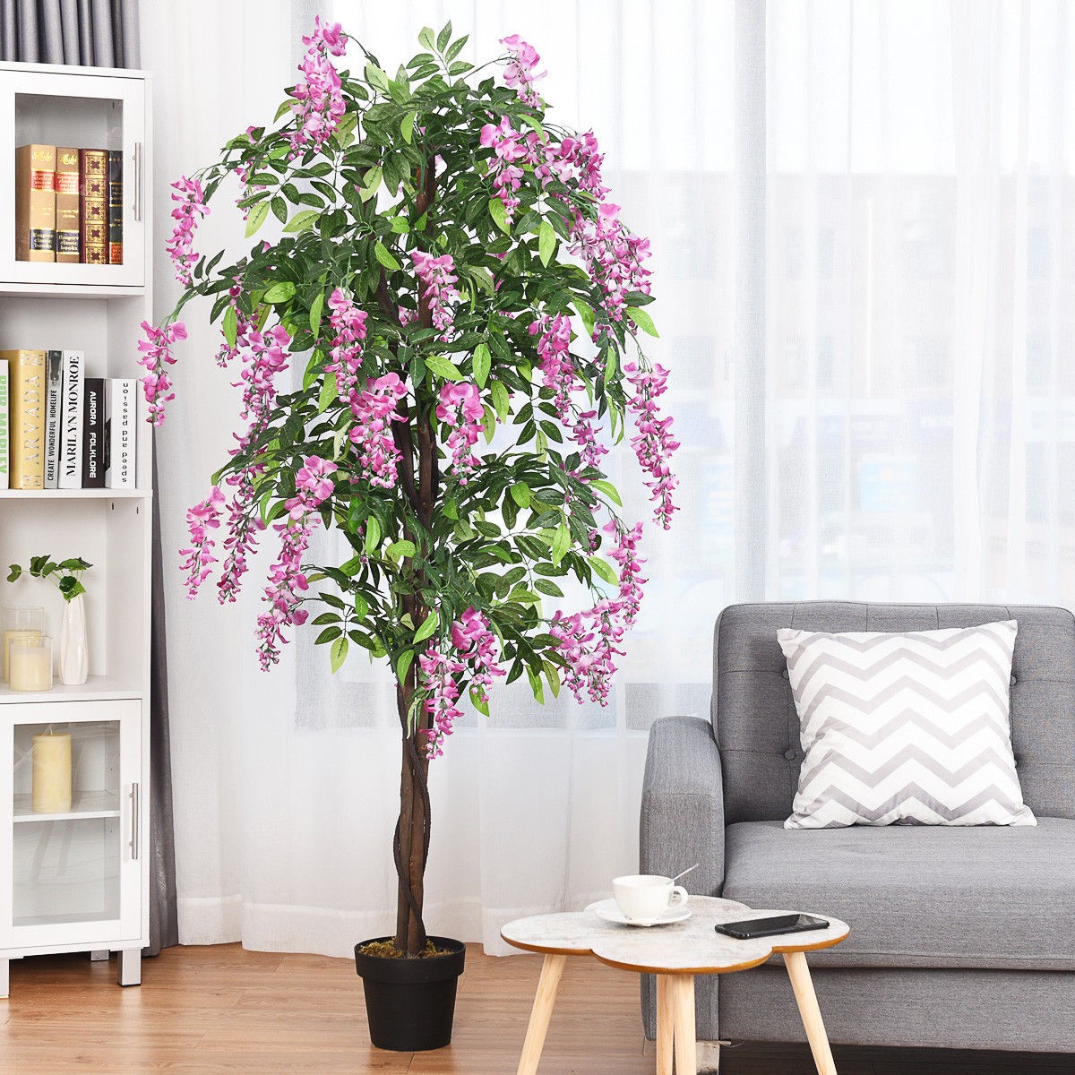 Costway 6-Feet Artificial Wisteria Silk Tree Pink Flower Indoor-Patio Home Décor