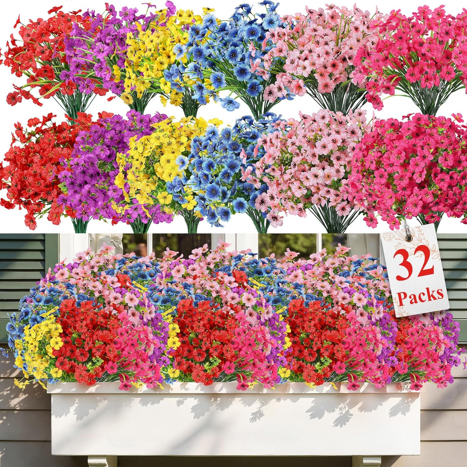 32 Bundles Artificial Flowers for Outdoors Decoration, UV Resistant Silk Faux Fl