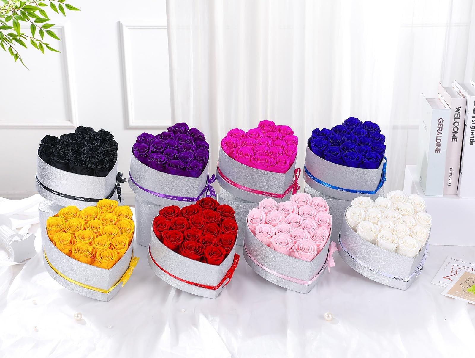Blue 16 PCS Preserved Forever Roses Heart Shape Box Birthday Gift for Women
