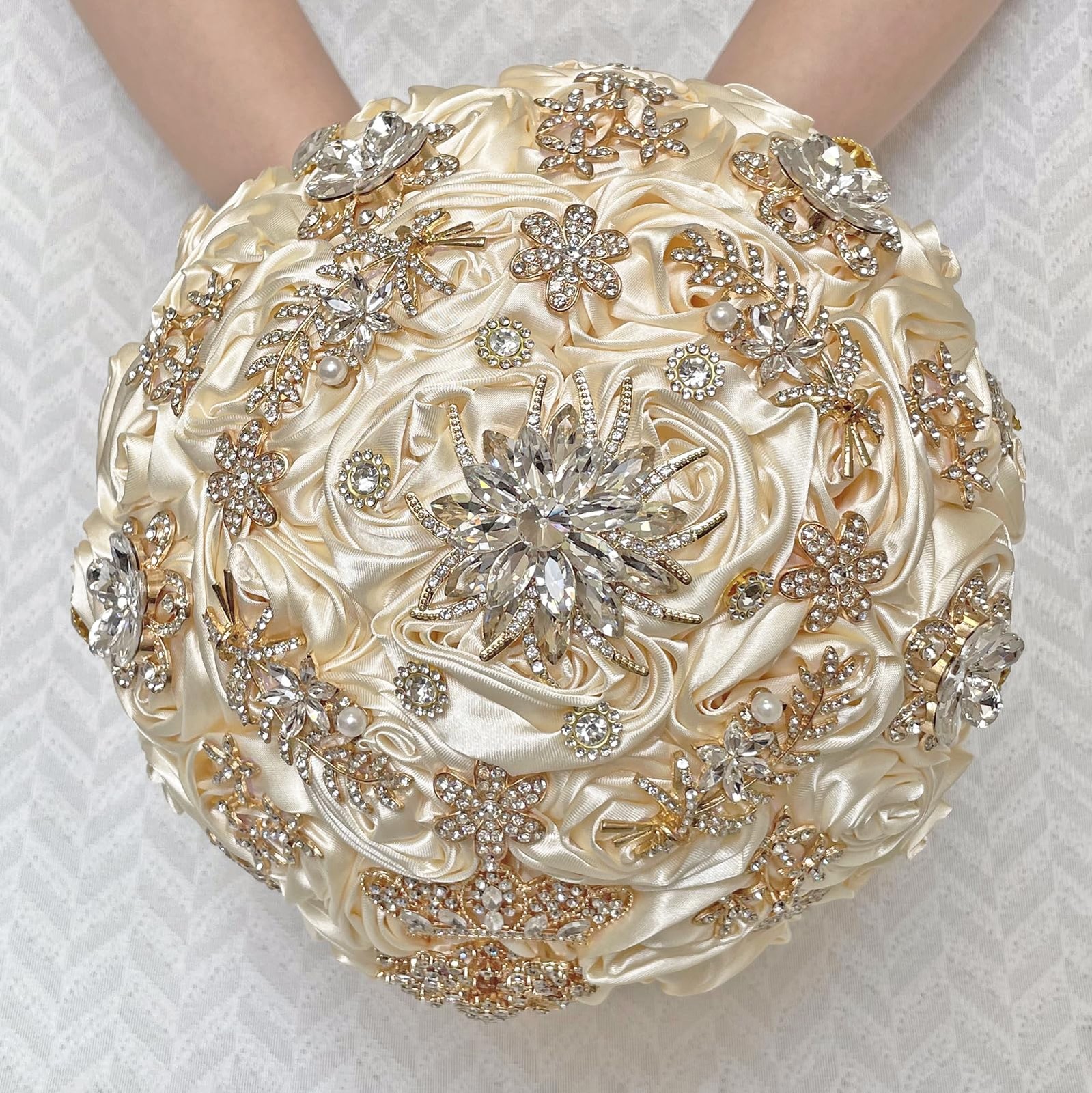 Handmade Satin Rose Floral Bling Pearl Decor Bridal Wedding Bouquet Rhineston…