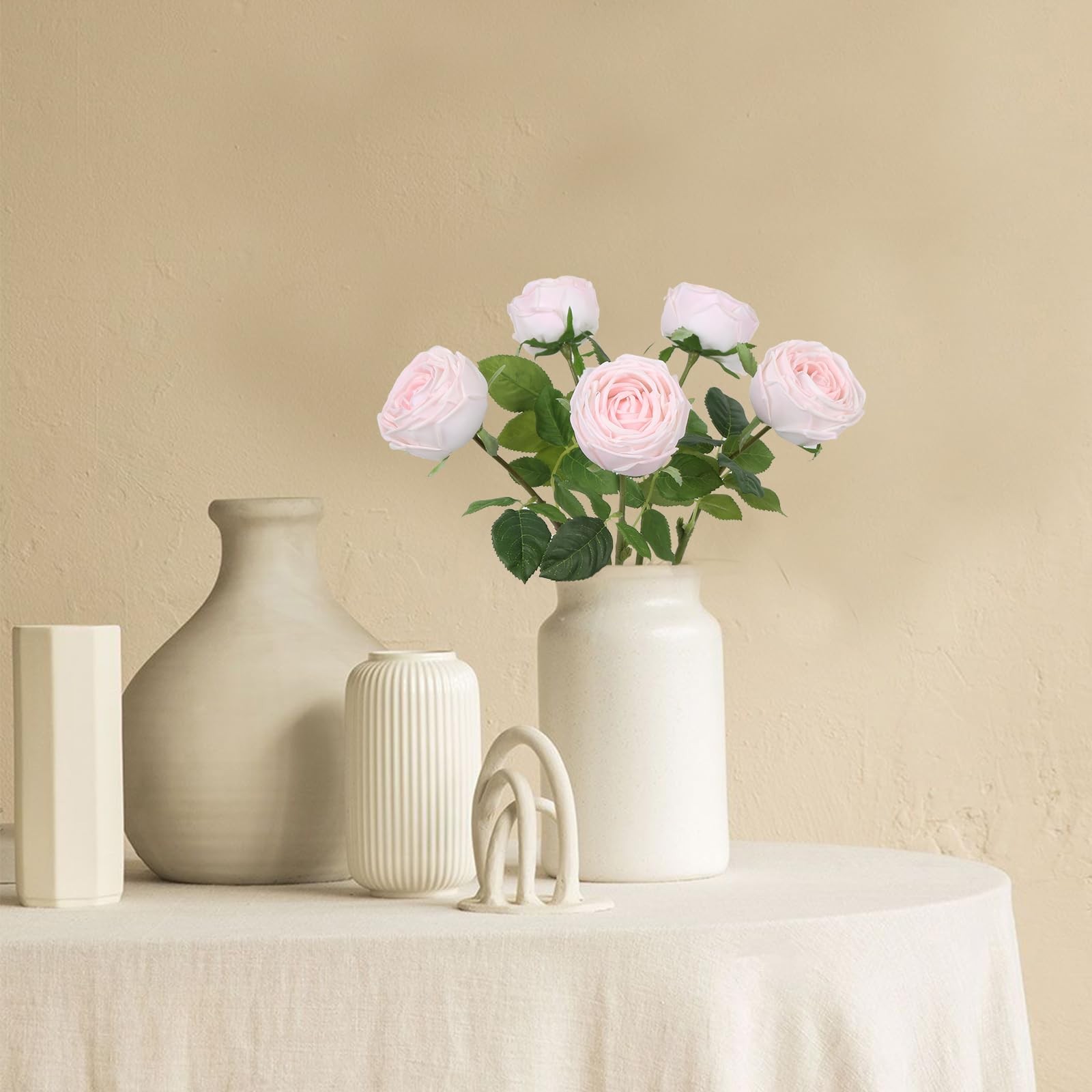 5 PCS Pale Pink Real Touch Latex Silk Artificial Roses Fake Flowers Centerpieces